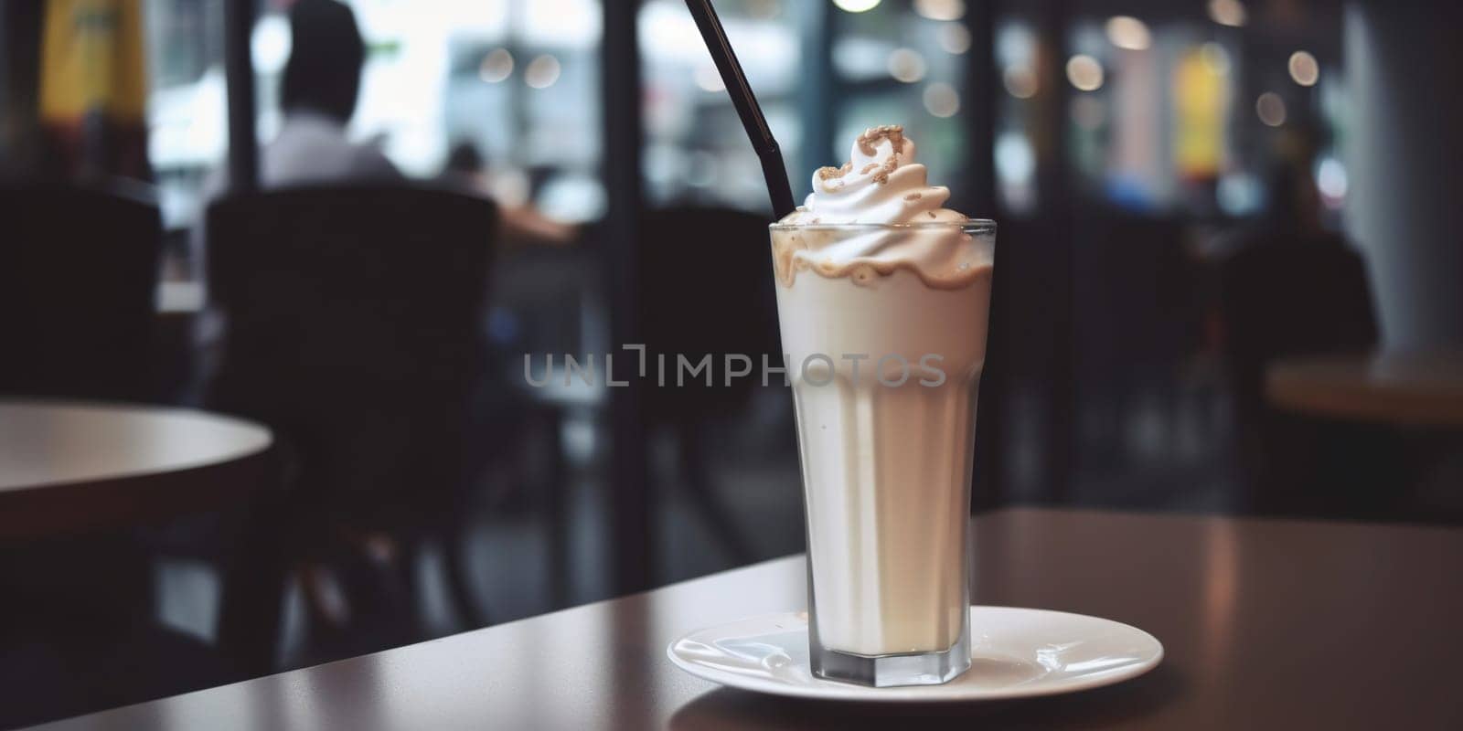 Glass with latte desert with cream on a table in cafe