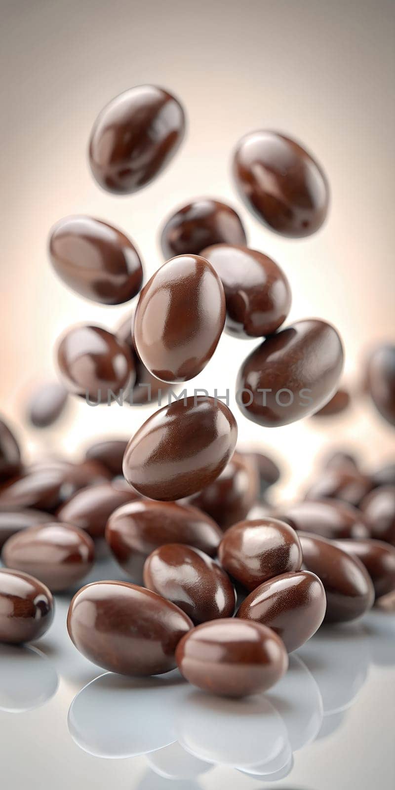 Chocolate grains floating in the air. Isolated . Brouchure for a promotion of Chocolate day.3D efect.Side view.AI Generated