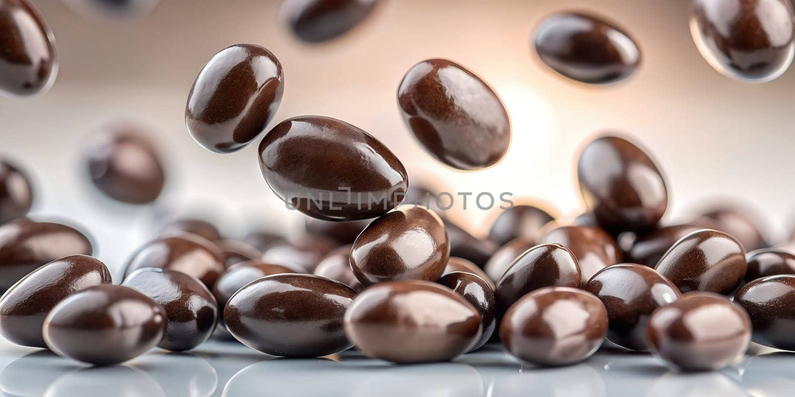 Horizontal pictures of dried cocoa beans floating in light background . by VeroDibe