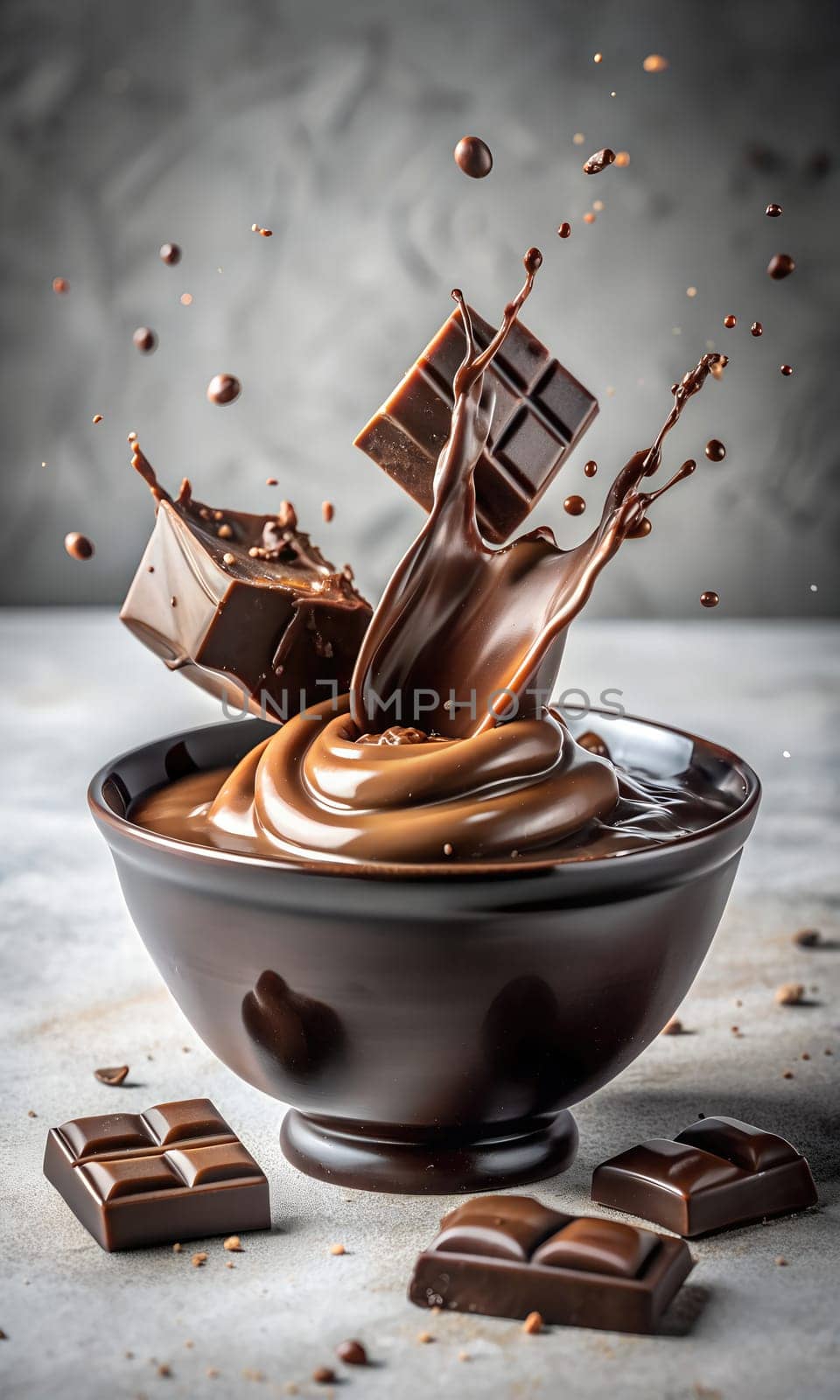 Chocolate pieces falling on bowl of melted chocolate. Splash 3D. by VeroDibe