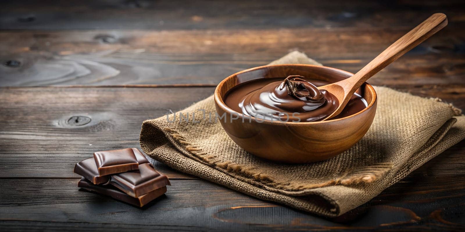 Wooden table with a bowl of melted chocolate and pieces of dark chcoclate. by VeroDibe