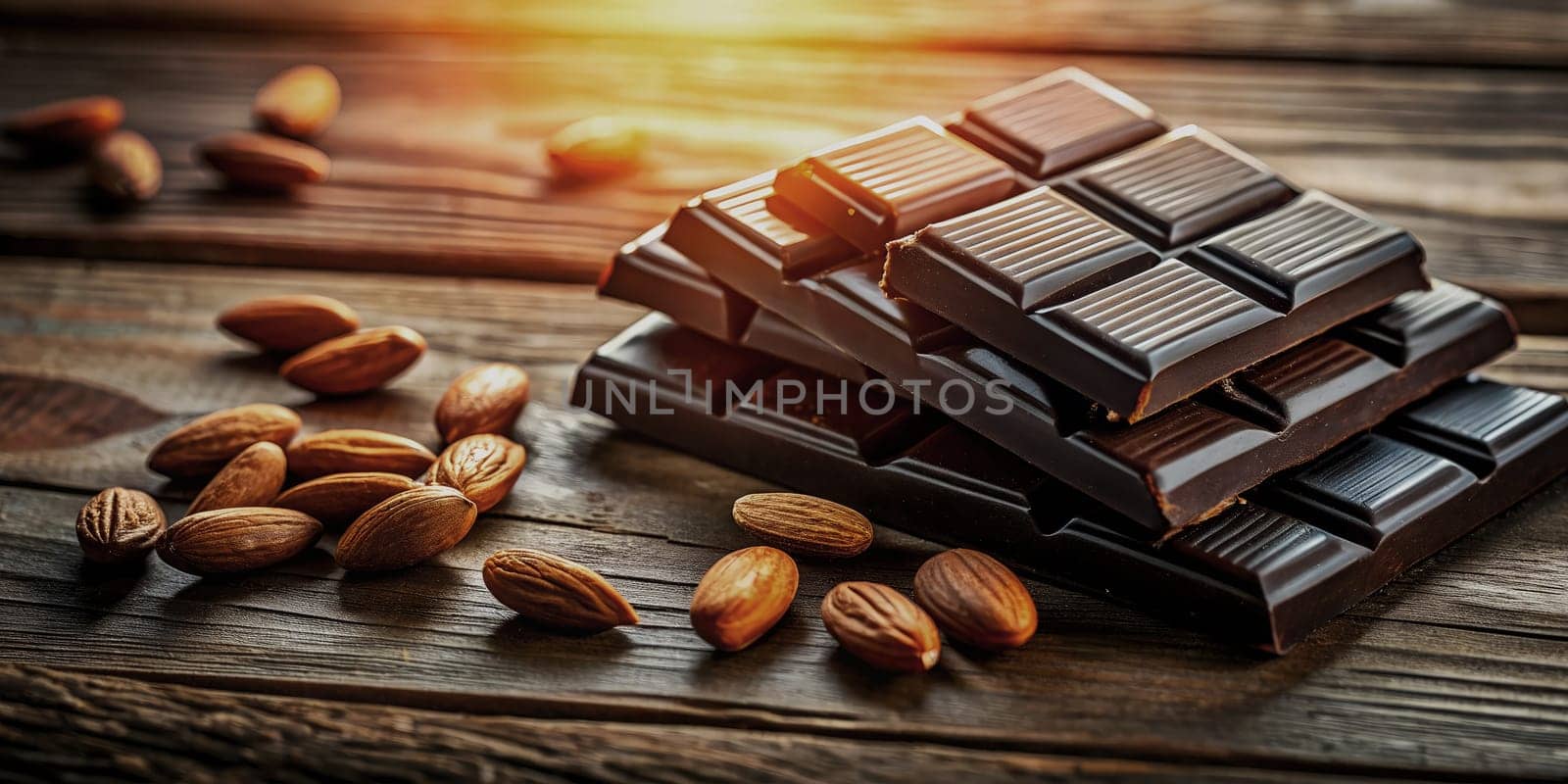 Still life . Set of chocolate with almonds on a wooden table. Generated by AI by VeroDibe