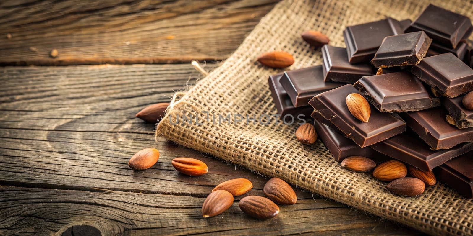 Set of dark chocolate chunks with natural almonds on a rustic table. by VeroDibe