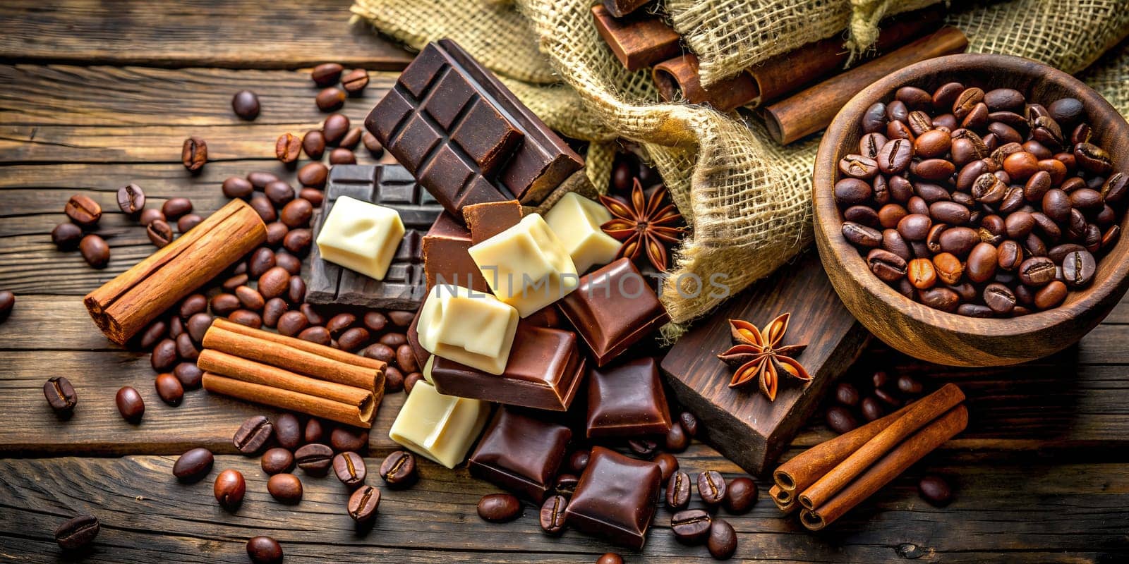 Delicious combination of spices and chocolate of different types. Chocolate beans. Sill life