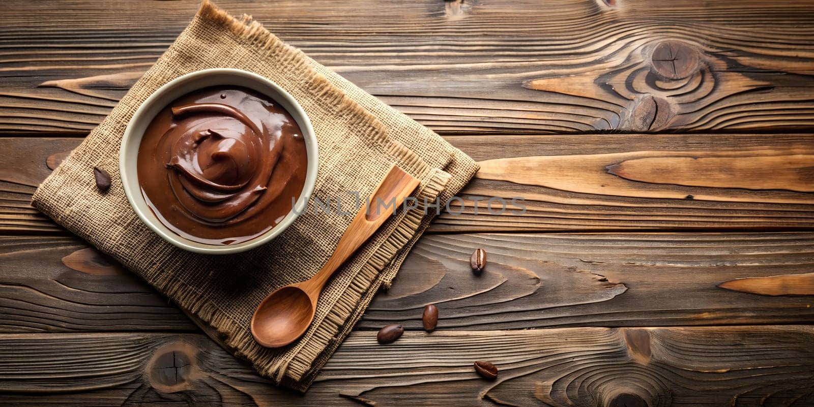 Top view of ceramic bowl of melted chocolateand grains of chocolate. by VeroDibe