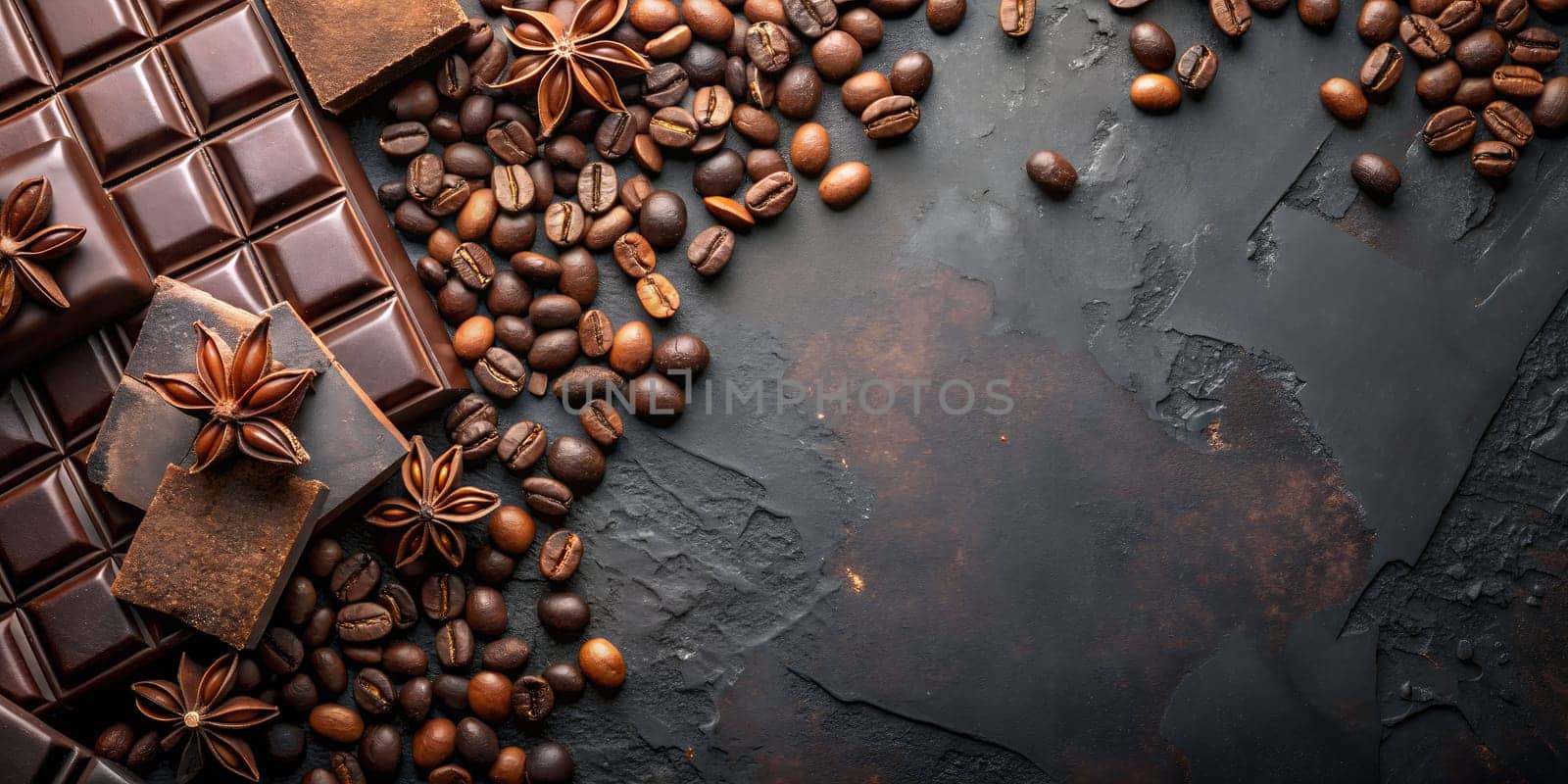 Horizontal top view of different types of chocolates and spices. by VeroDibe