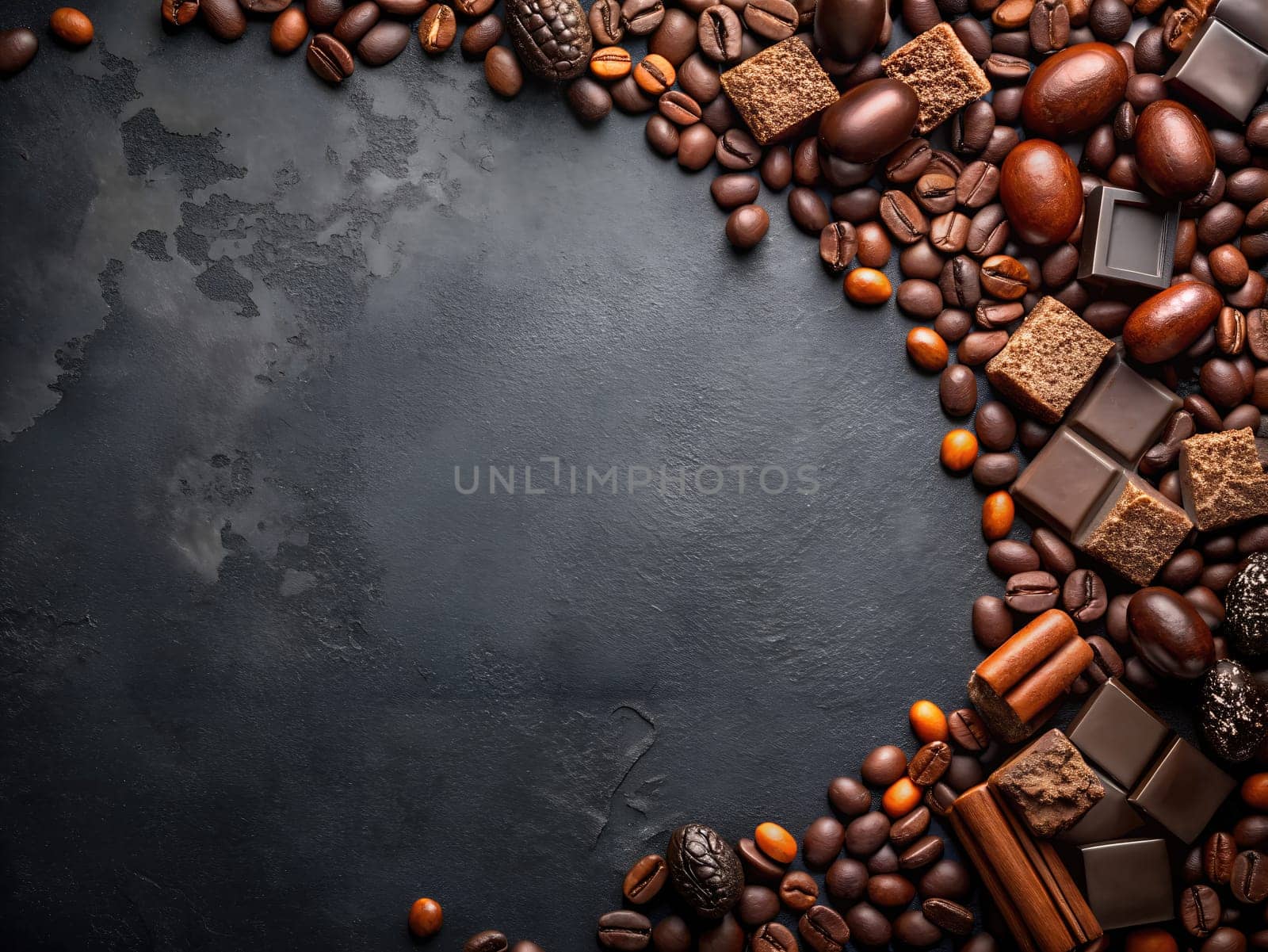 Pieces of chocolate and beans of different types arranged in a semicircle. by VeroDibe