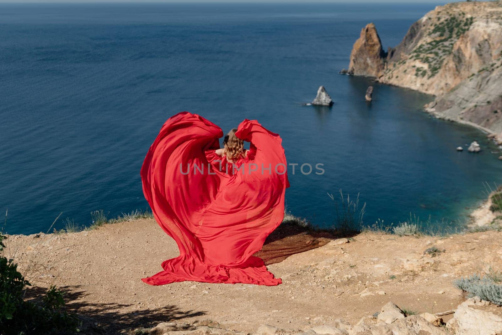 A woman in a red dress is standing on a rocky beach, with the ocean in the background. The woman is wearing a red dress that is flowing out in a heart shape, giving the impression of a romantic