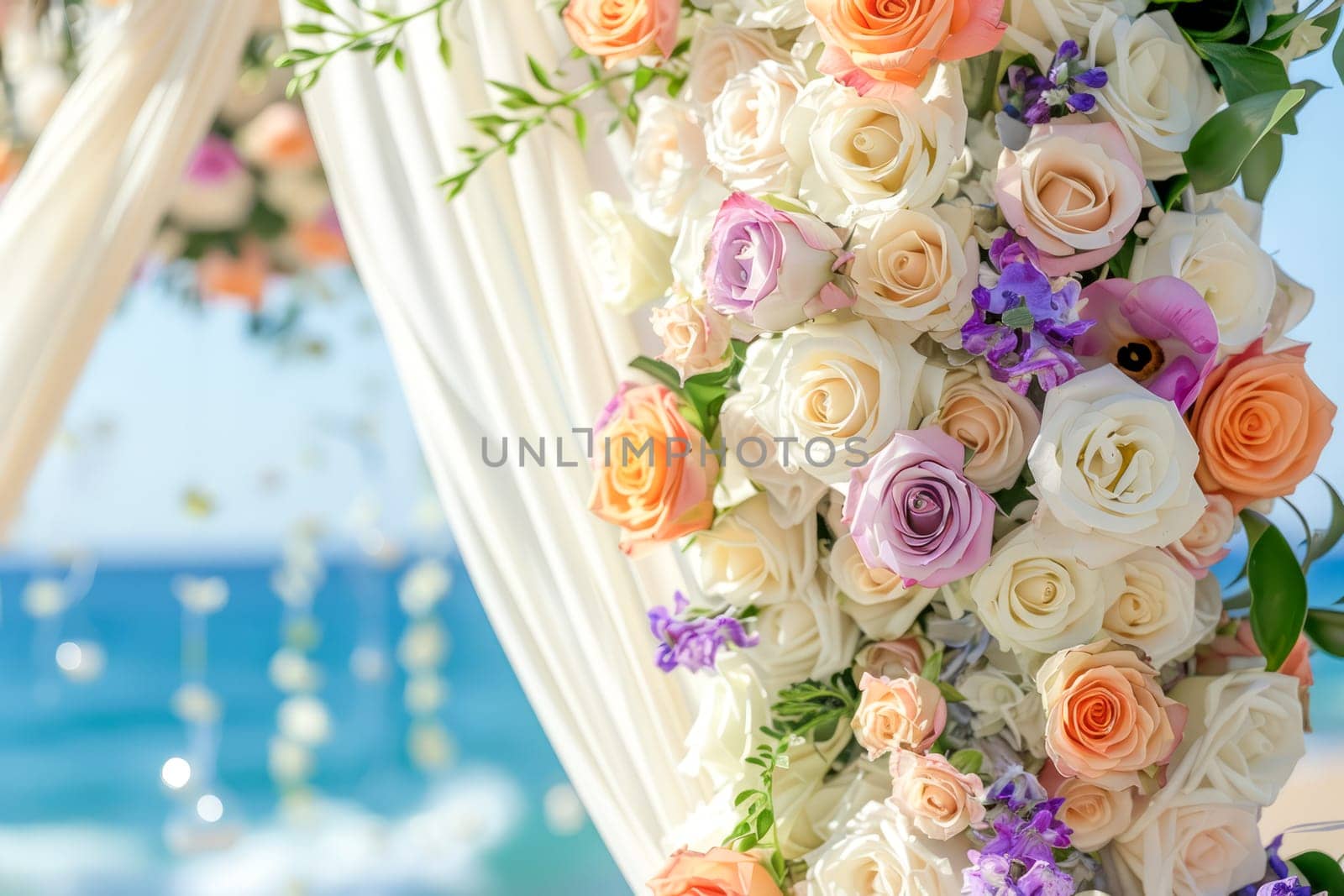 Floral backdrop for a seaside wedding ceremony - an arch decorated with delicate pastel roses and peonies in shades of peach, pink, white and lavender, against a backdrop of sky and ocean waves.