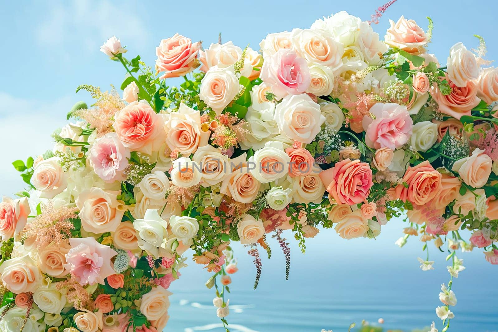 Floral backdrop for a seaside wedding ceremony - an arch decorated with delicate pastel roses and peonies in shades of peach, pink, white and lavender, against a backdrop of sky and ocean waves.