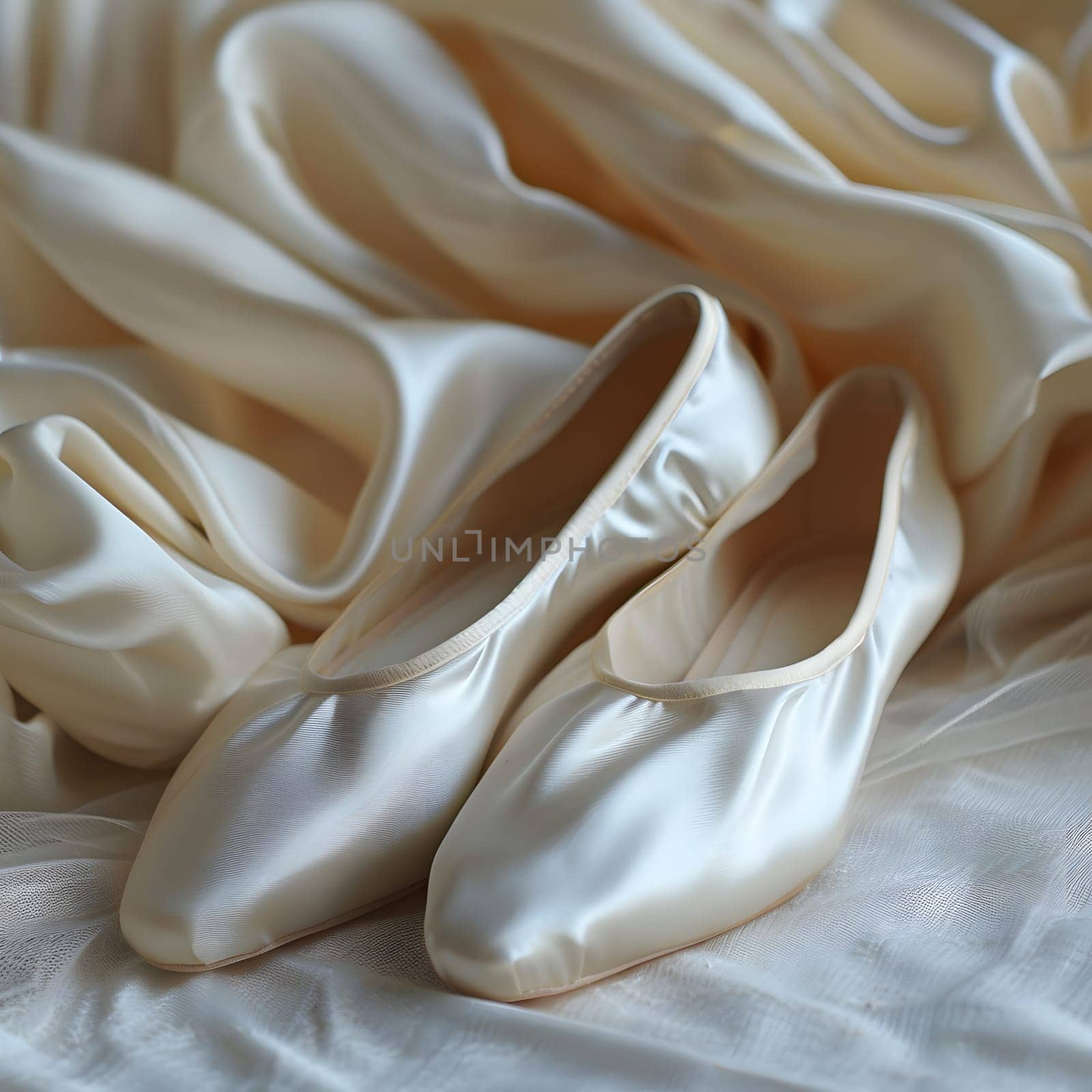 A pair of white ballet shoes rests gracefully on a bed by Nadtochiy