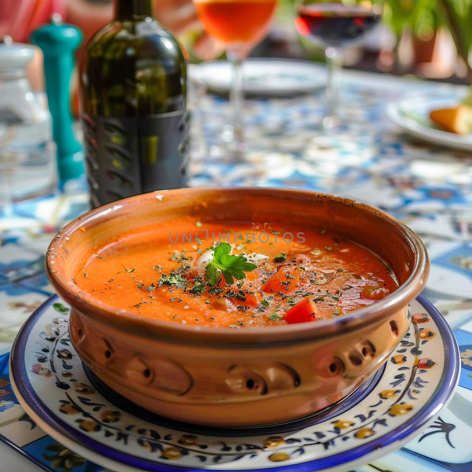 Spanish cold summer tomato soup gazpacho in a bowl with basil, on a white and blue tile surface. Healthy summer food.