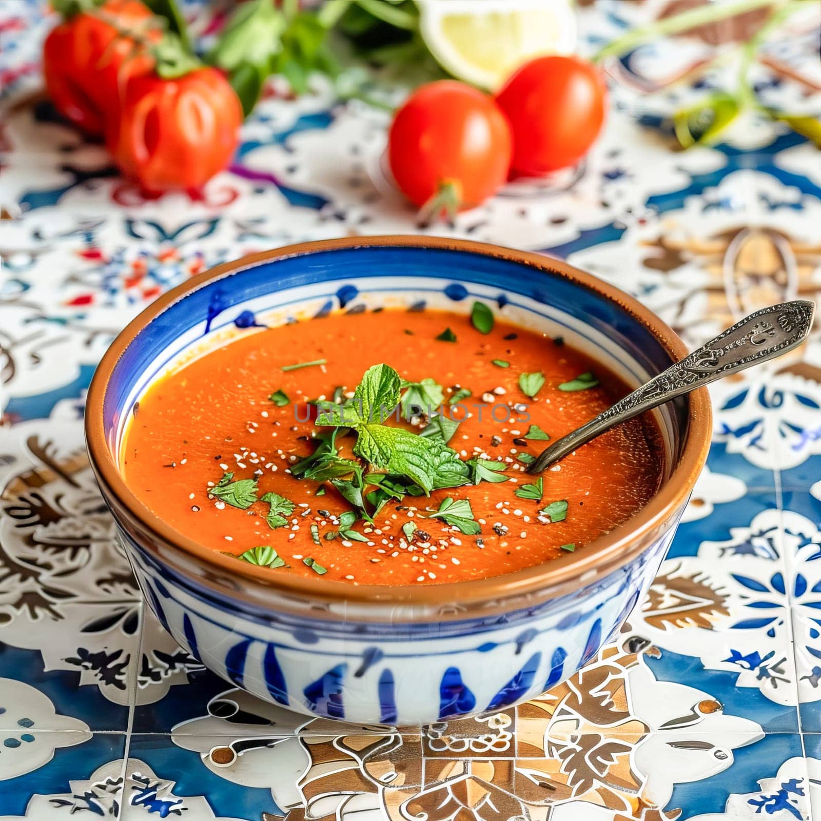 Spanish cold summer tomato soup gazpacho in a bowl with basil, on a white and blue tile surface. Healthy summer food.