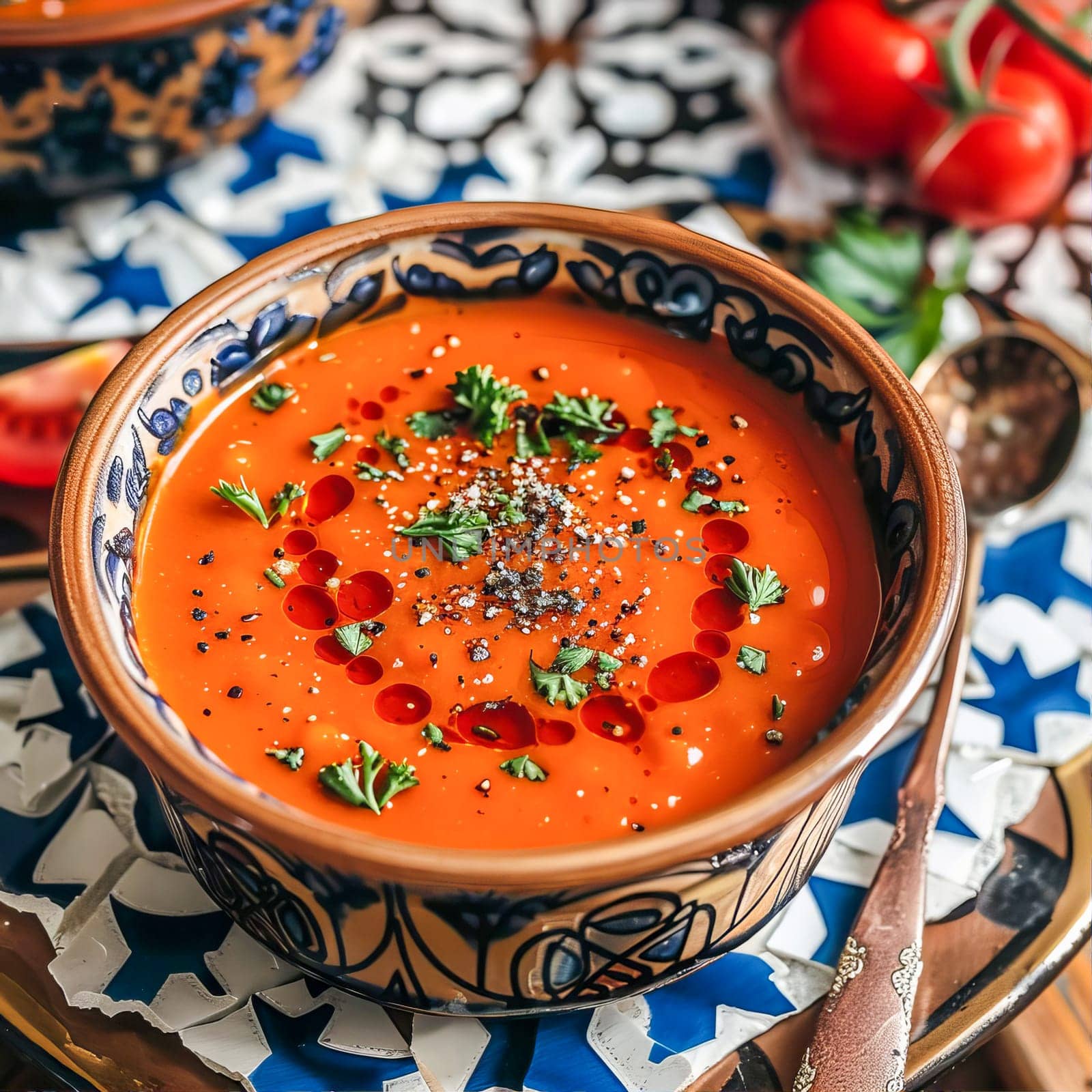 Spanish cold summer tomato soup gazpacho in a bowl with basil, on a white and blue tile surface. Healthy summer food.