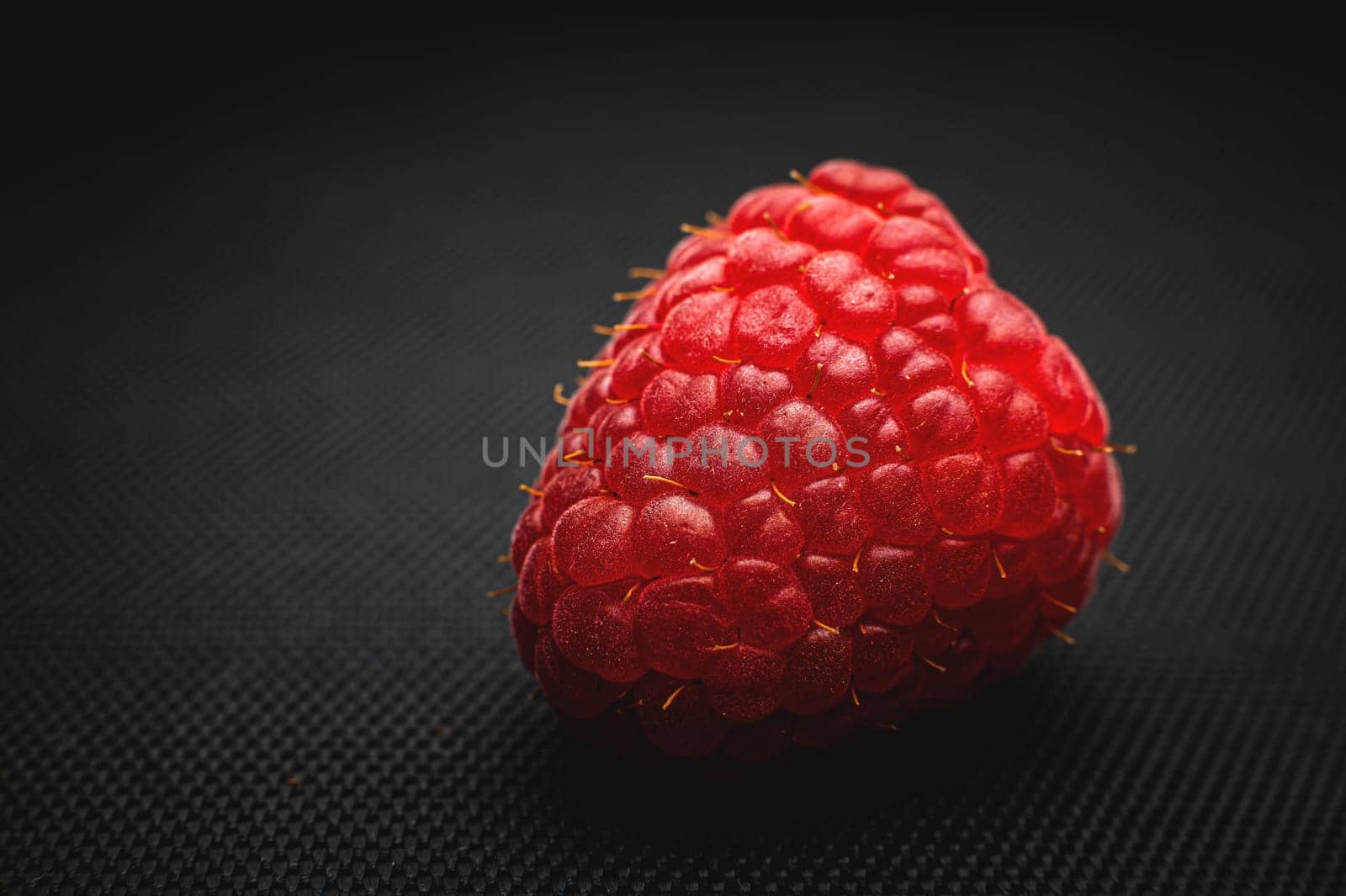 One red raspberry on a black background macro shot.