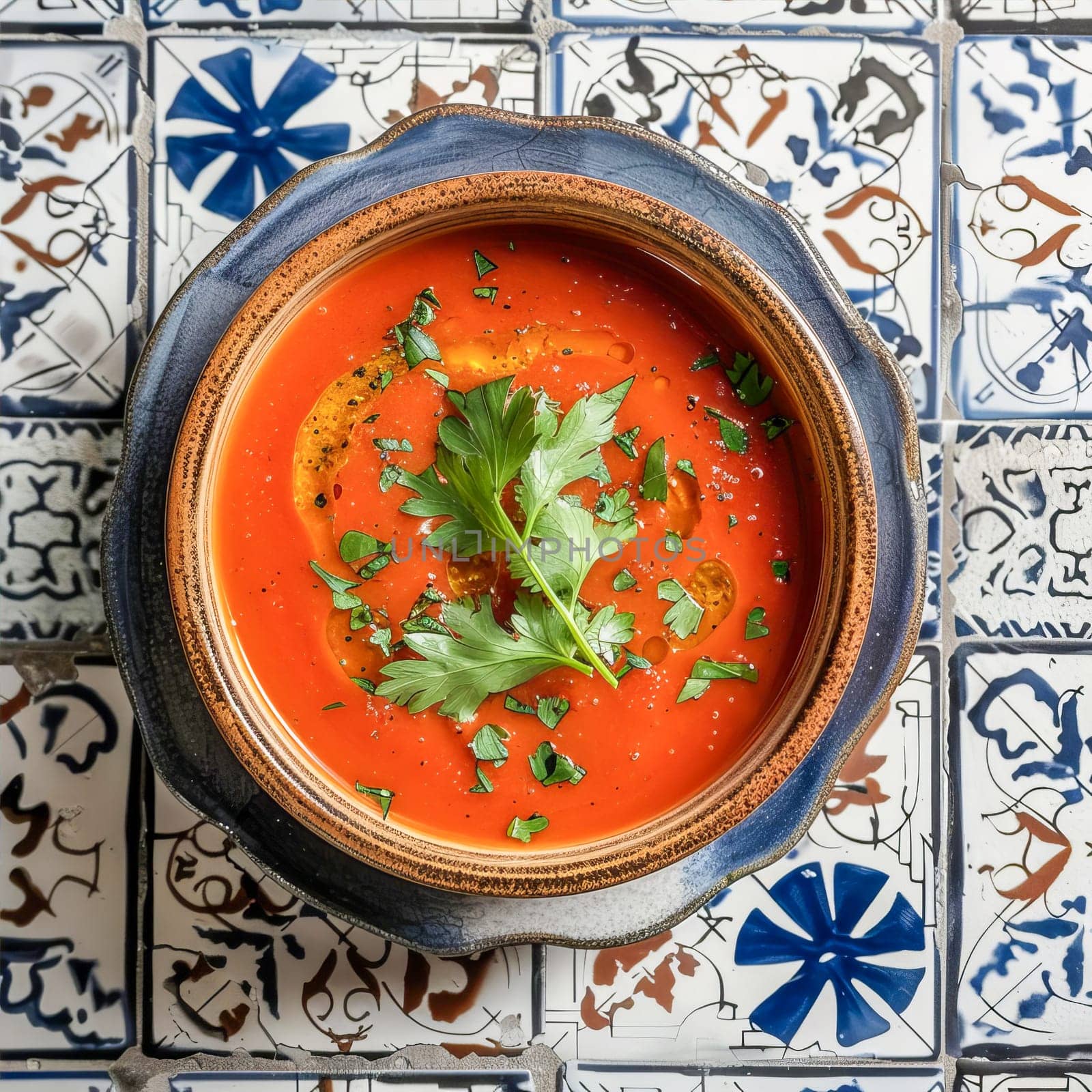 Spanish cold summer tomato soup gazpacho in a bowl with basil, on a white and blue tile surface. Healthy summer food.