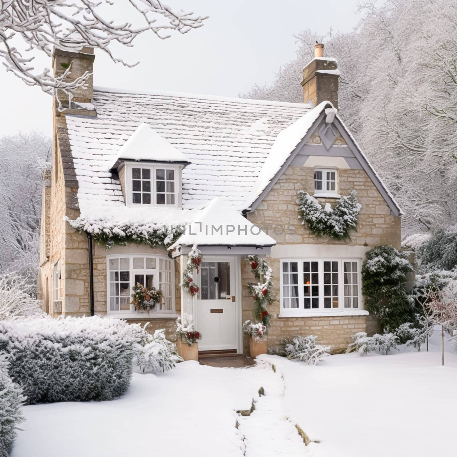 Beautiful country cottage decorated for Christmas on a snowy winter day, holiday and celebration, post-processed, generative ai