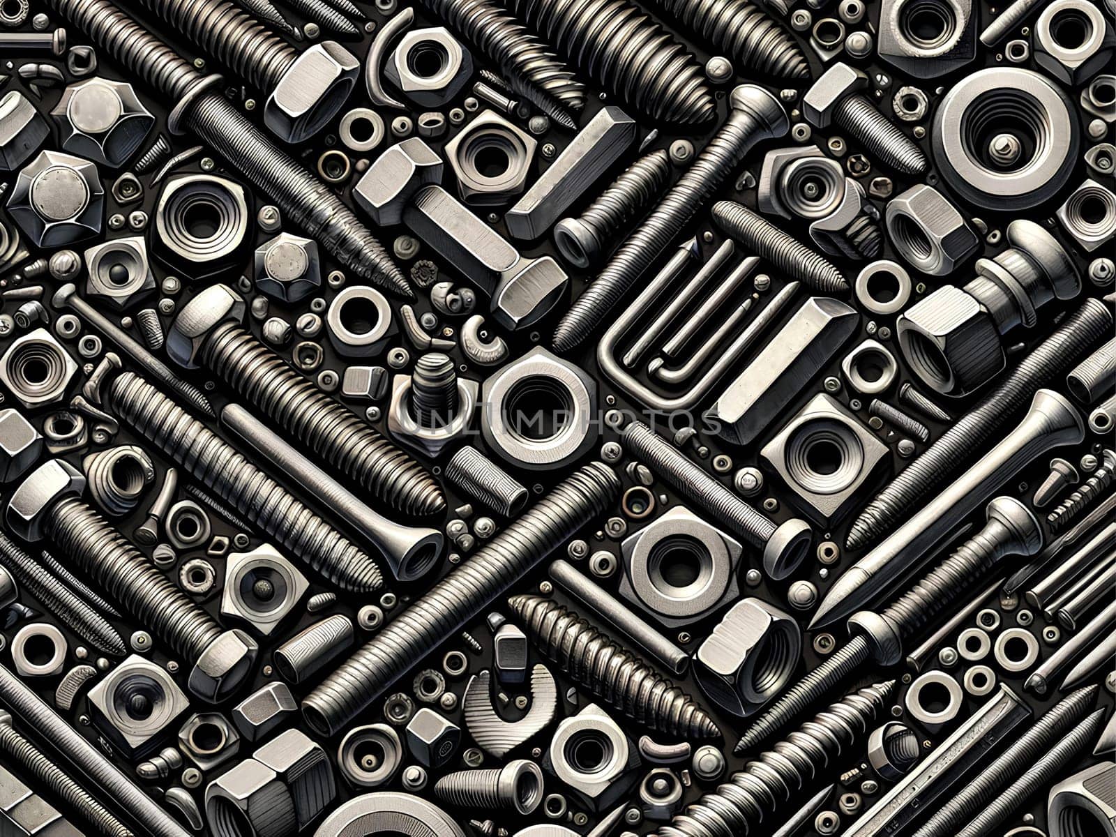 Horizontal pattern of nuts, bolts and screws on a gray background.