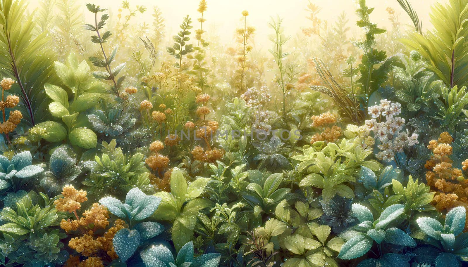 bright botanical background of various herbs and flowers with dew drops.