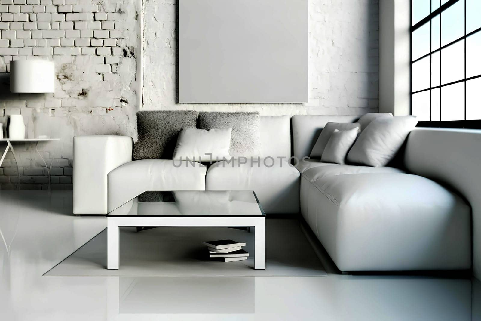 Loft-style living room in white tones with an emphasis on detailed elements, white leather sofa and mirrored coffee table