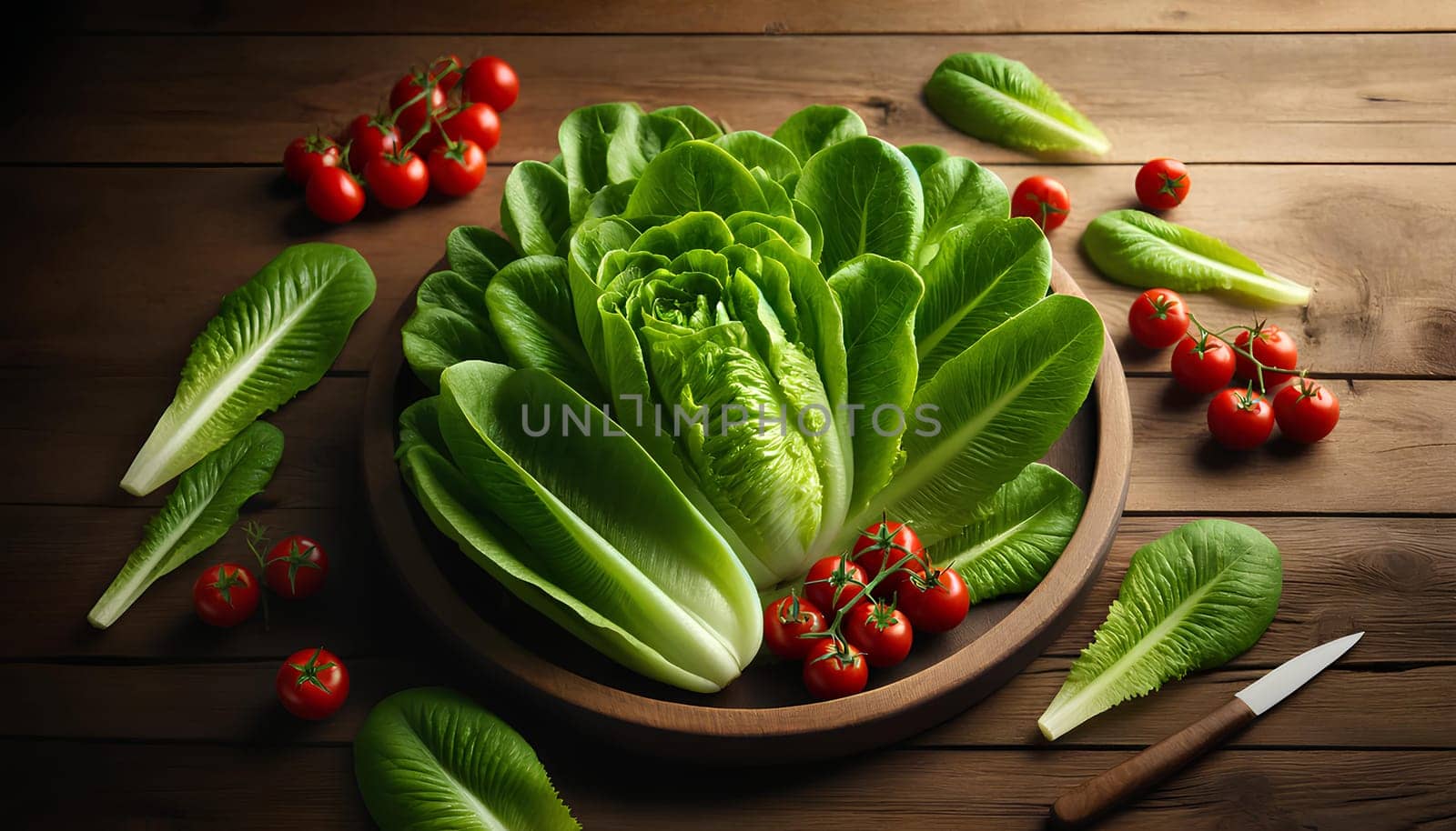 fresh green romaine lettuce leaves and several cherry tomatoes laid out on a wooden table.