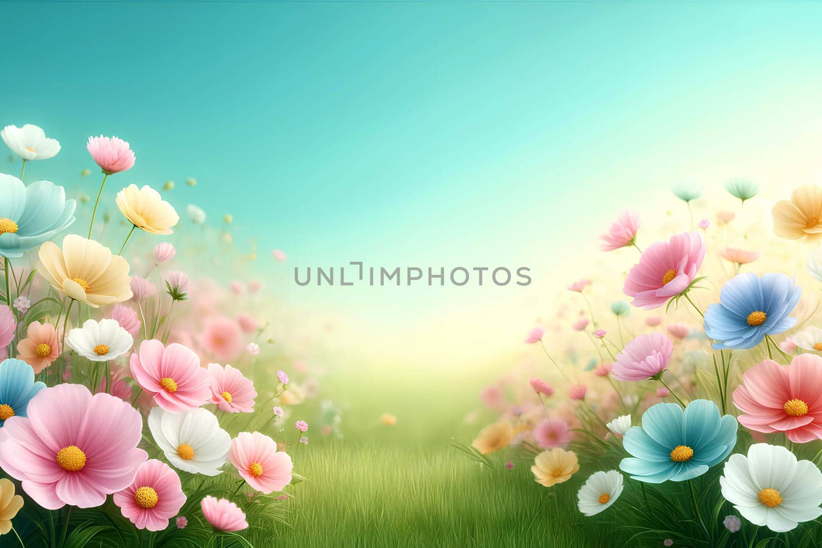 bright, floral summer background in light pastel colors with copy space.