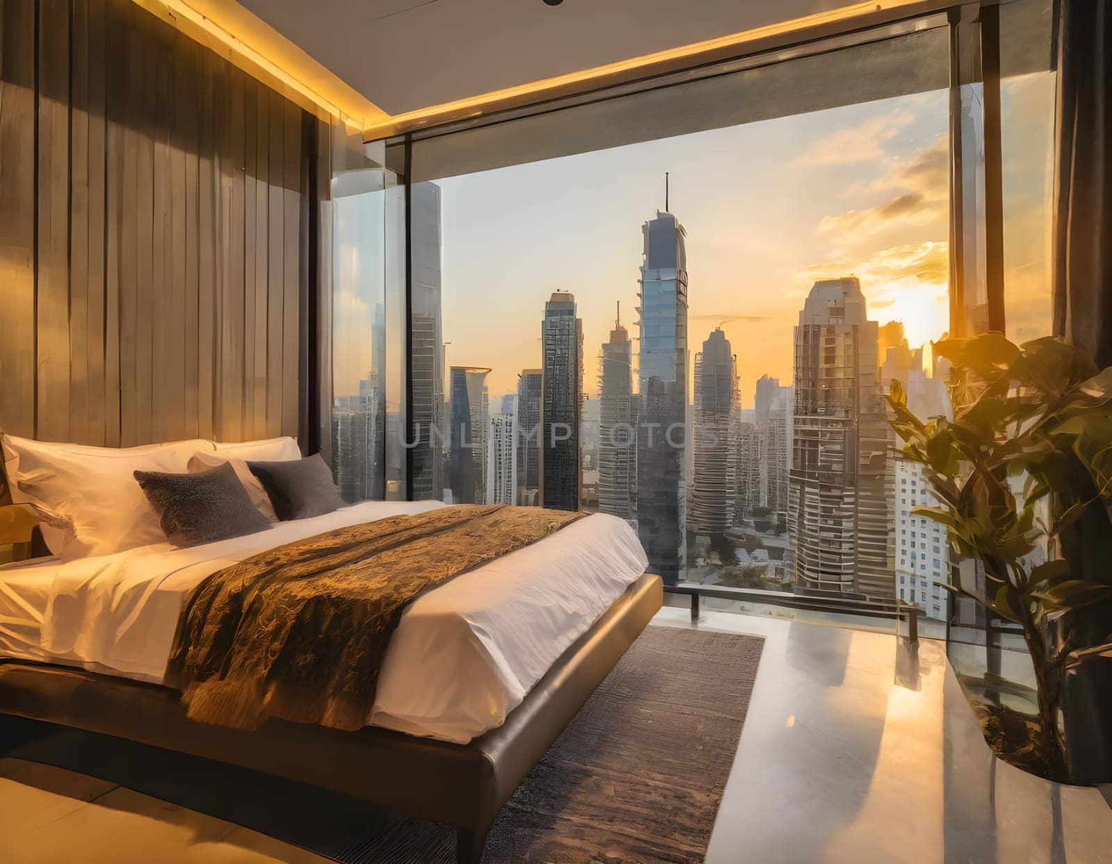 Modern and contemporary bedroom with views of the financial district of the city. Condo or Hotel accommodation