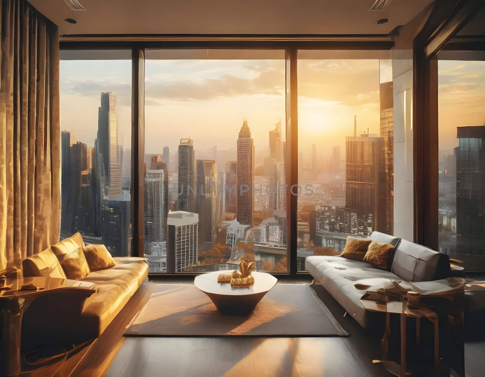 Lobby area of a hotel which can see cityscape at night, comfortable sofa unit in front of panoramic view windows overlooking the cityscape with outdoor