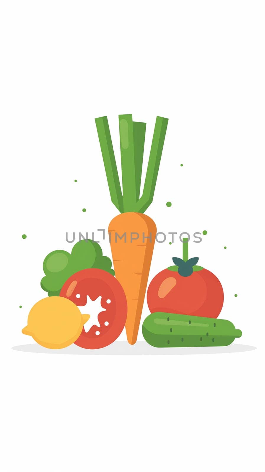 A vibrant illustration showcasing a variety of vegetables including carrots, tomatoes, and cucumber, arranged invitingly against a white background - Generative AI
