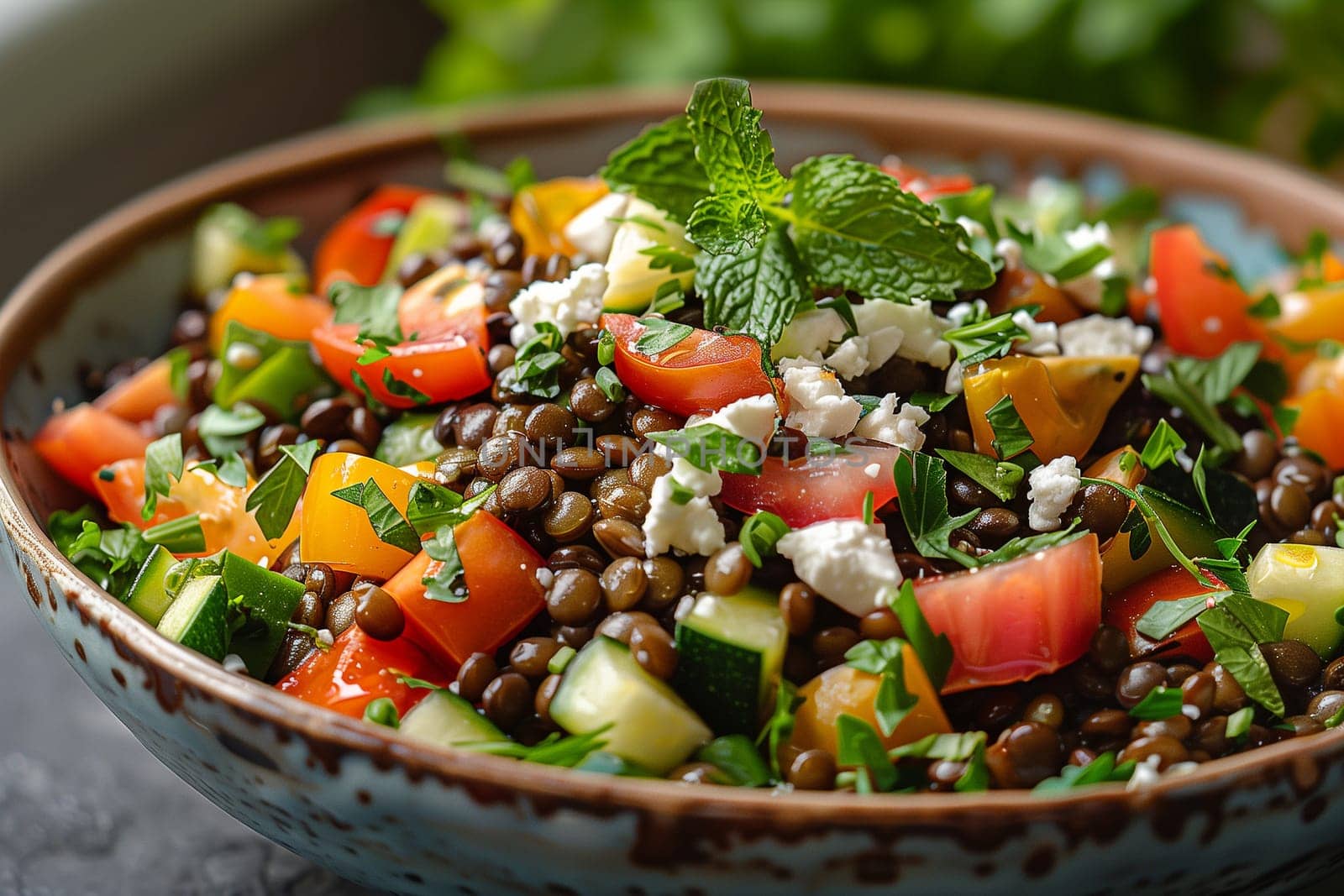 A bowl filled with a salad made of beluga lentils, tomatoes, cucumbers, and peppers.