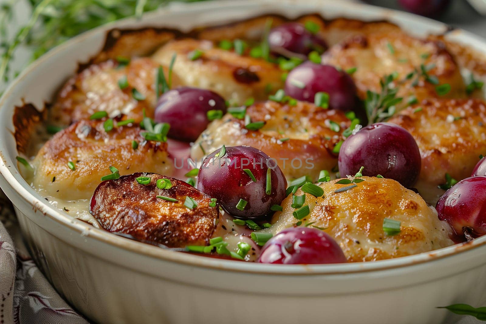 Detailed view of a dish of buttermilk yeast dumplings topped with fresh cherries, showcasing the vibrant colors and textures of the dessert.