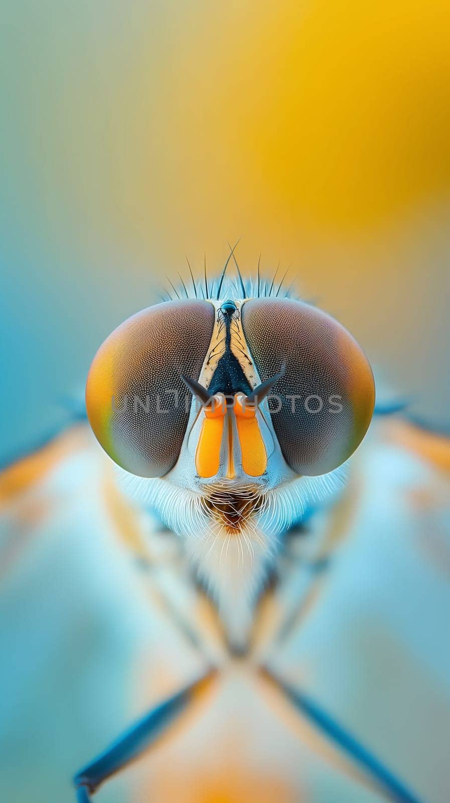 Macro portrait of a hoverfly showcasing its compound eyes with fine detail against a pastel backdrop - Generative AI