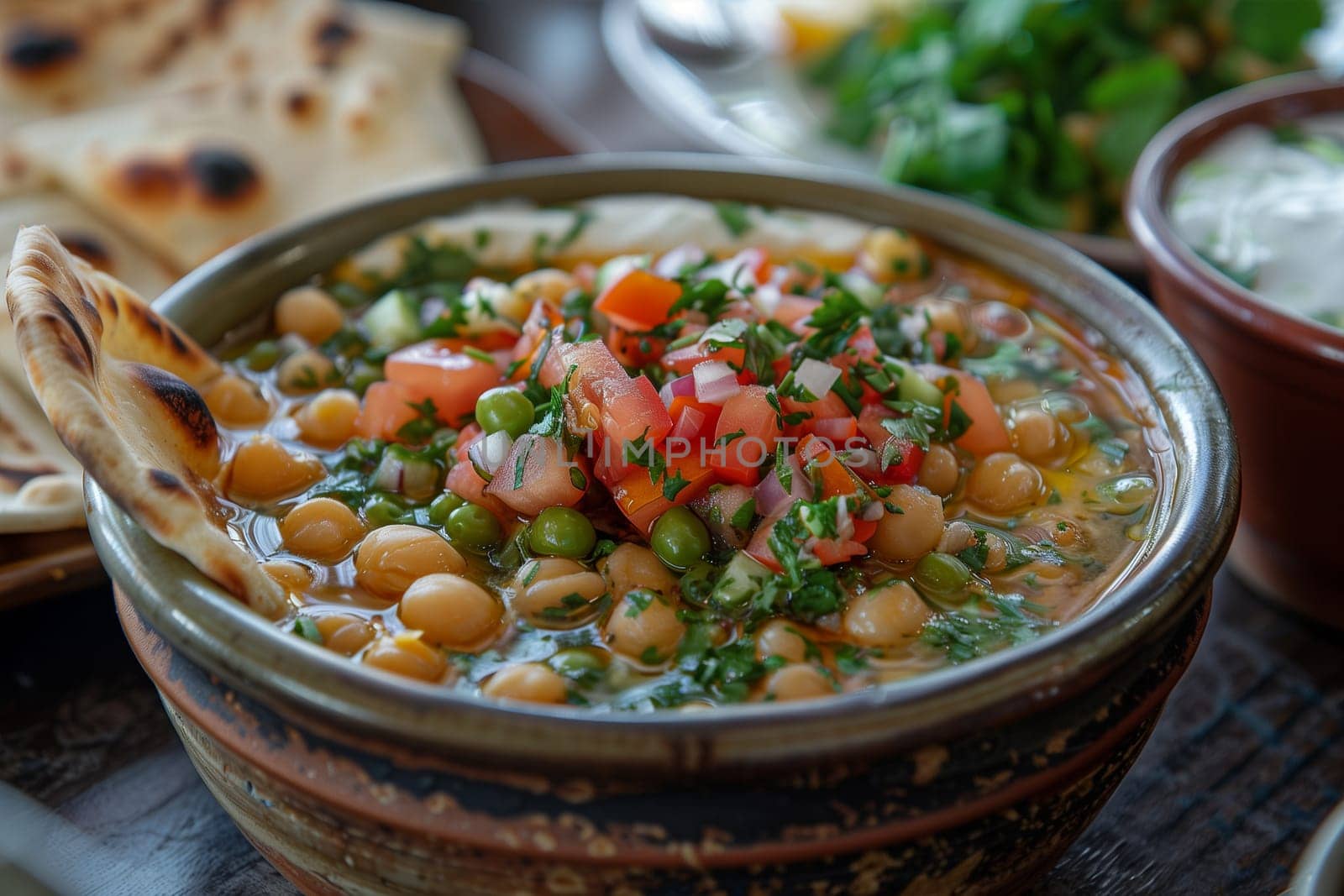 A bowl filled with Israeli sabich soup, topped with pita, eggplant, and chickpeas, with a silver spoon inside.