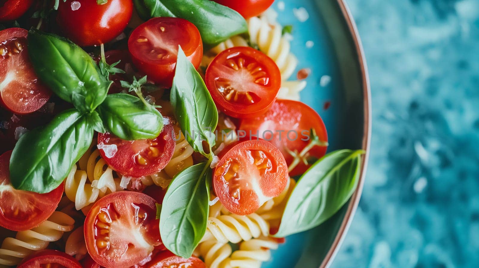 A bowl of pasta with cherry tomatoes and fresh basil leaves, ready to be enjoyed - Generative AI