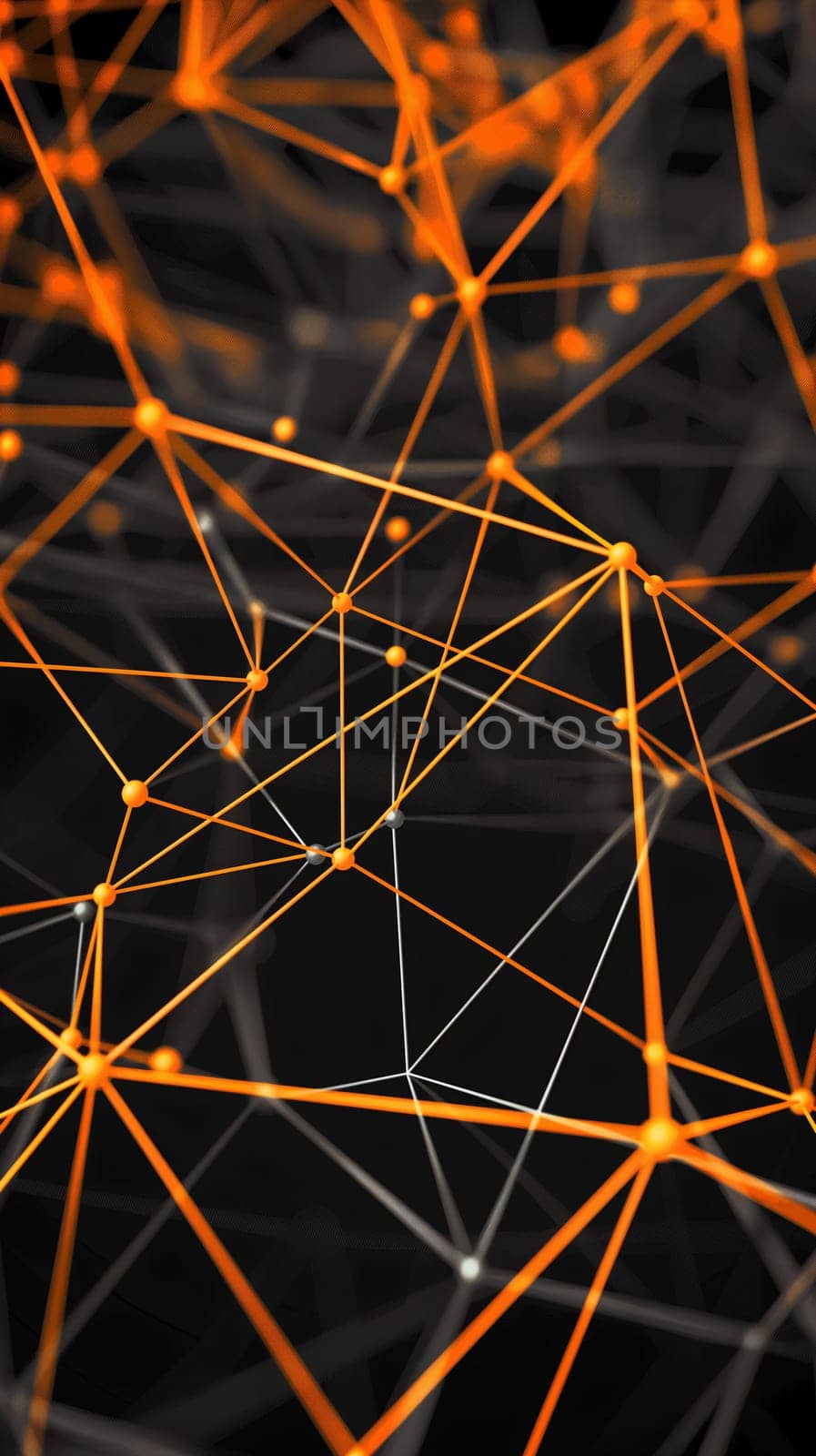 An intricate network of interconnected orange lines forms a complex geometric pattern against a dark background, symbolizing connectivity - Generative AI