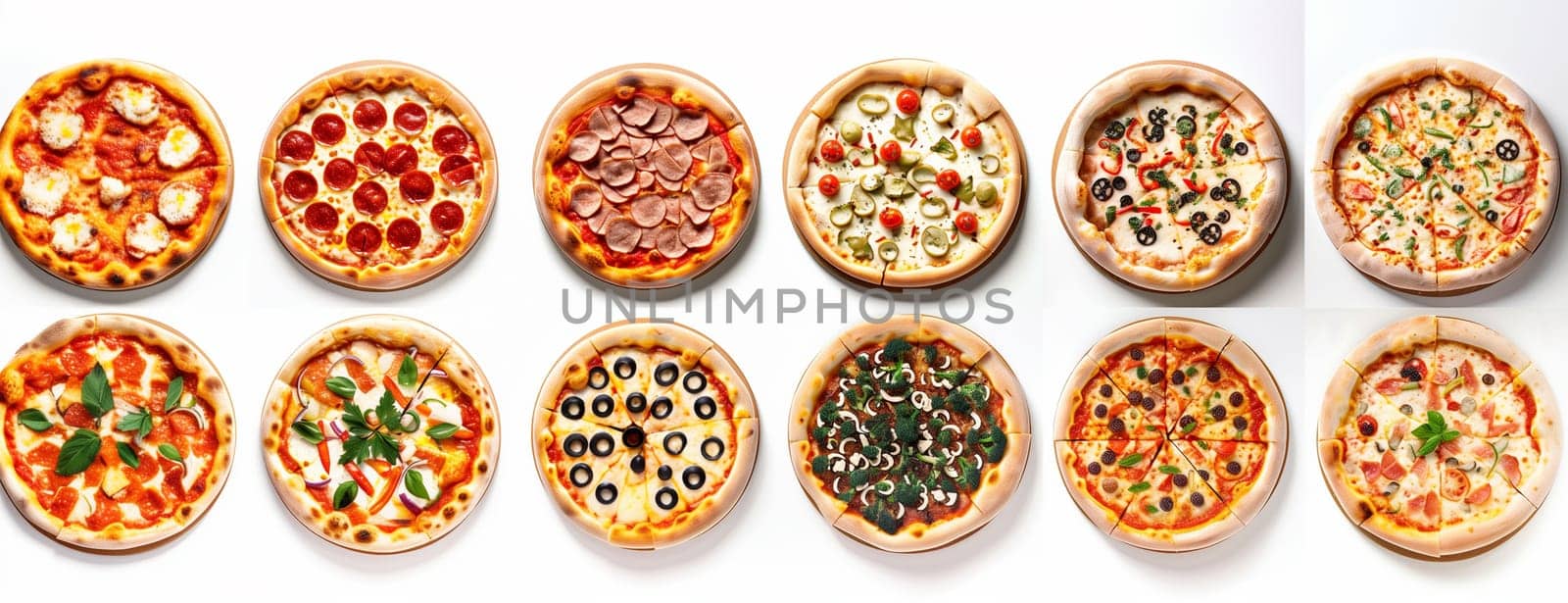 Different types of pizzas, including pepperoni, margherita, and vegetarian, are displayed on a clean white table.