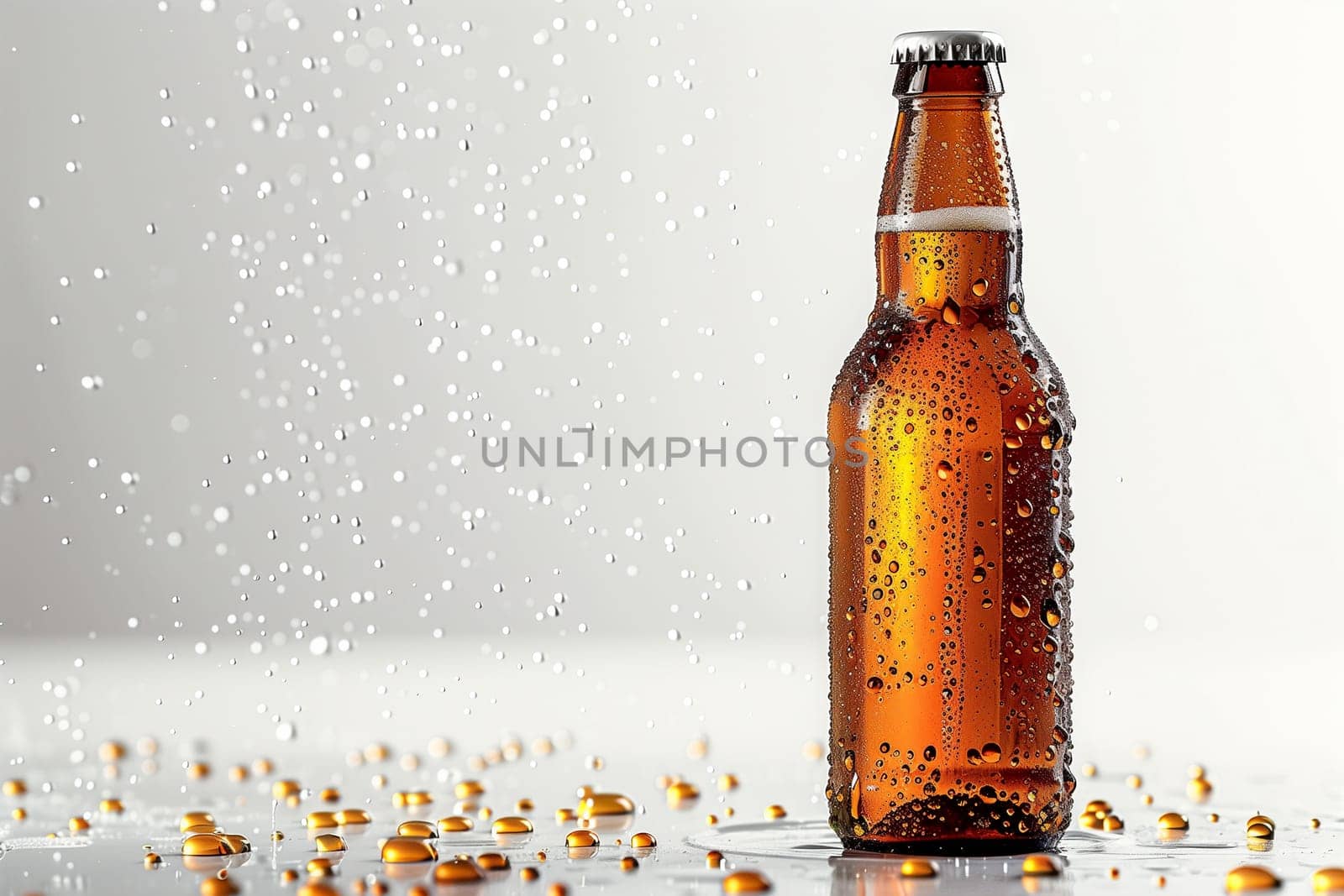 A bottle of beer is placed on top of a wooden table.
