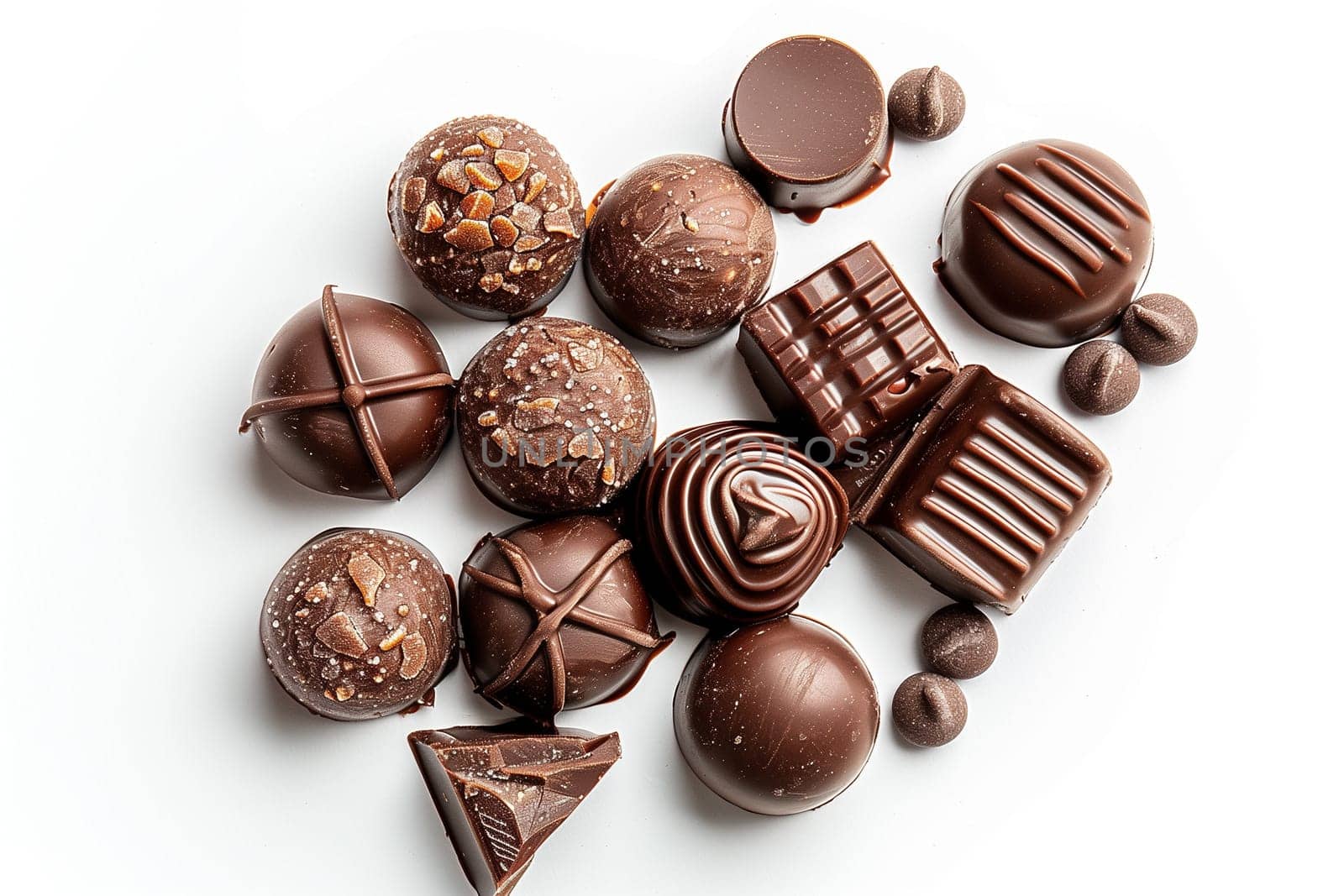 A collection of chocolate covered candies stacked on a clean white countertop.