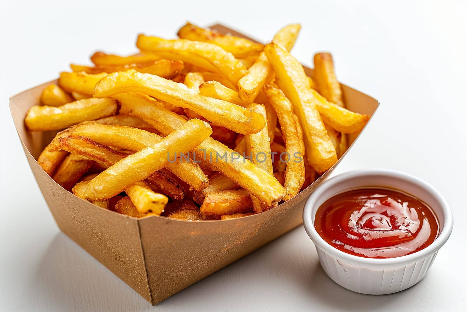 A box of french fries sits next to a container of ketchup on a table.