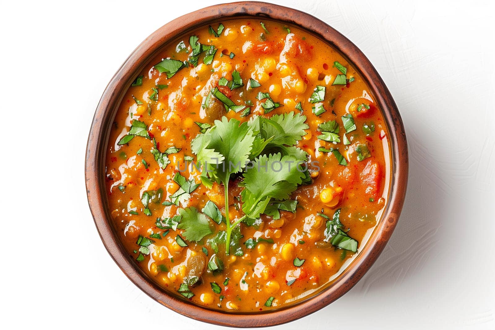 A bowl filled with spicy lentil dahl soup, topped with vibrant green cilantro leaves for a pop of flavor and color.