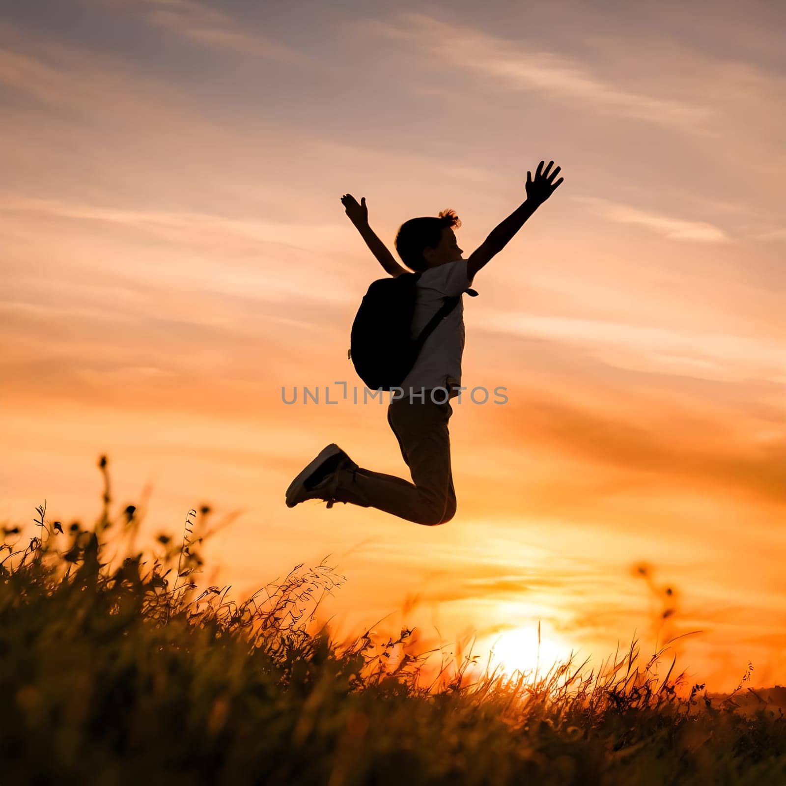 Silhouette a boy with backpack flying or jumping at sky sunset. High quality photo