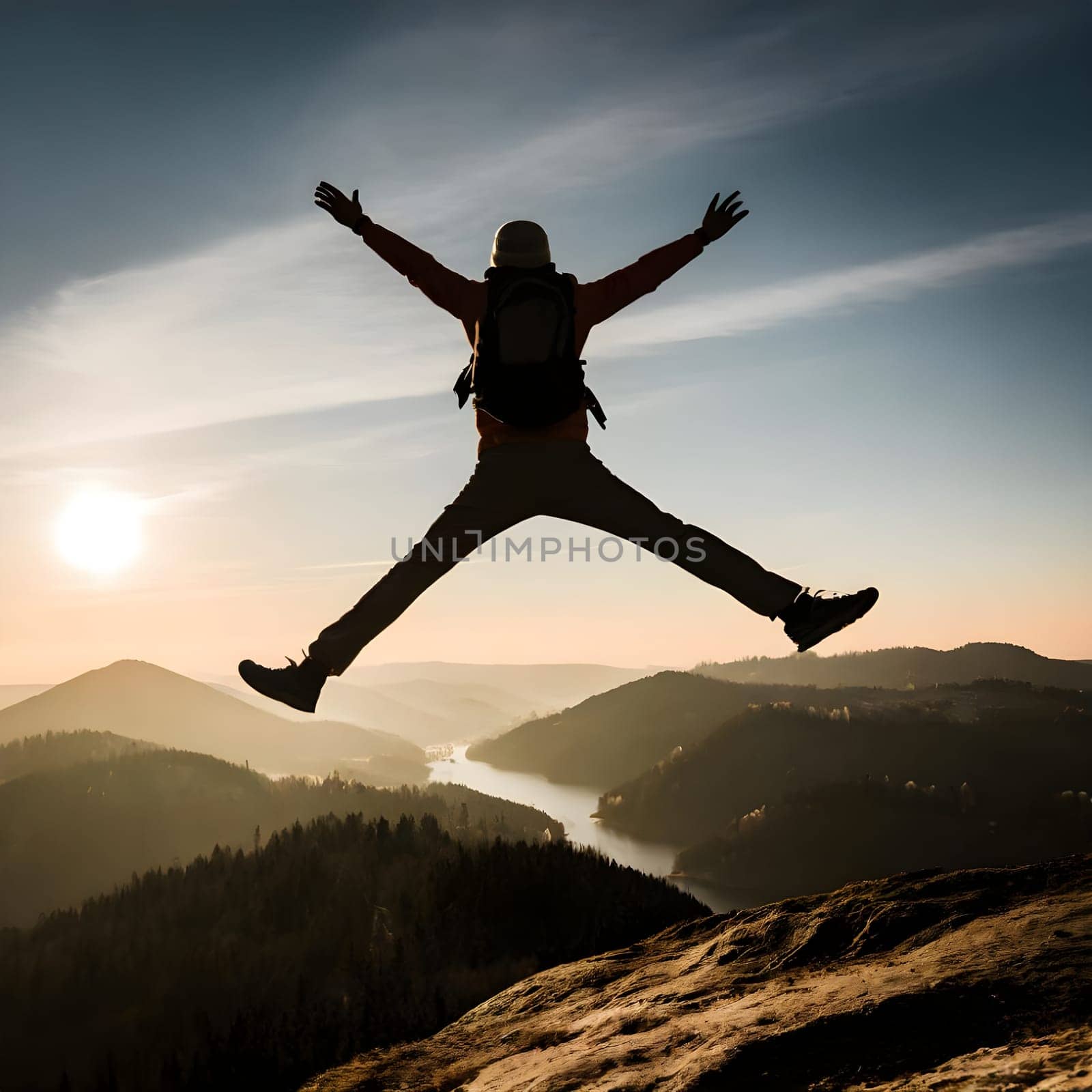 Happy man jumping at top of mountain with sunset, freedom feel good by stan111