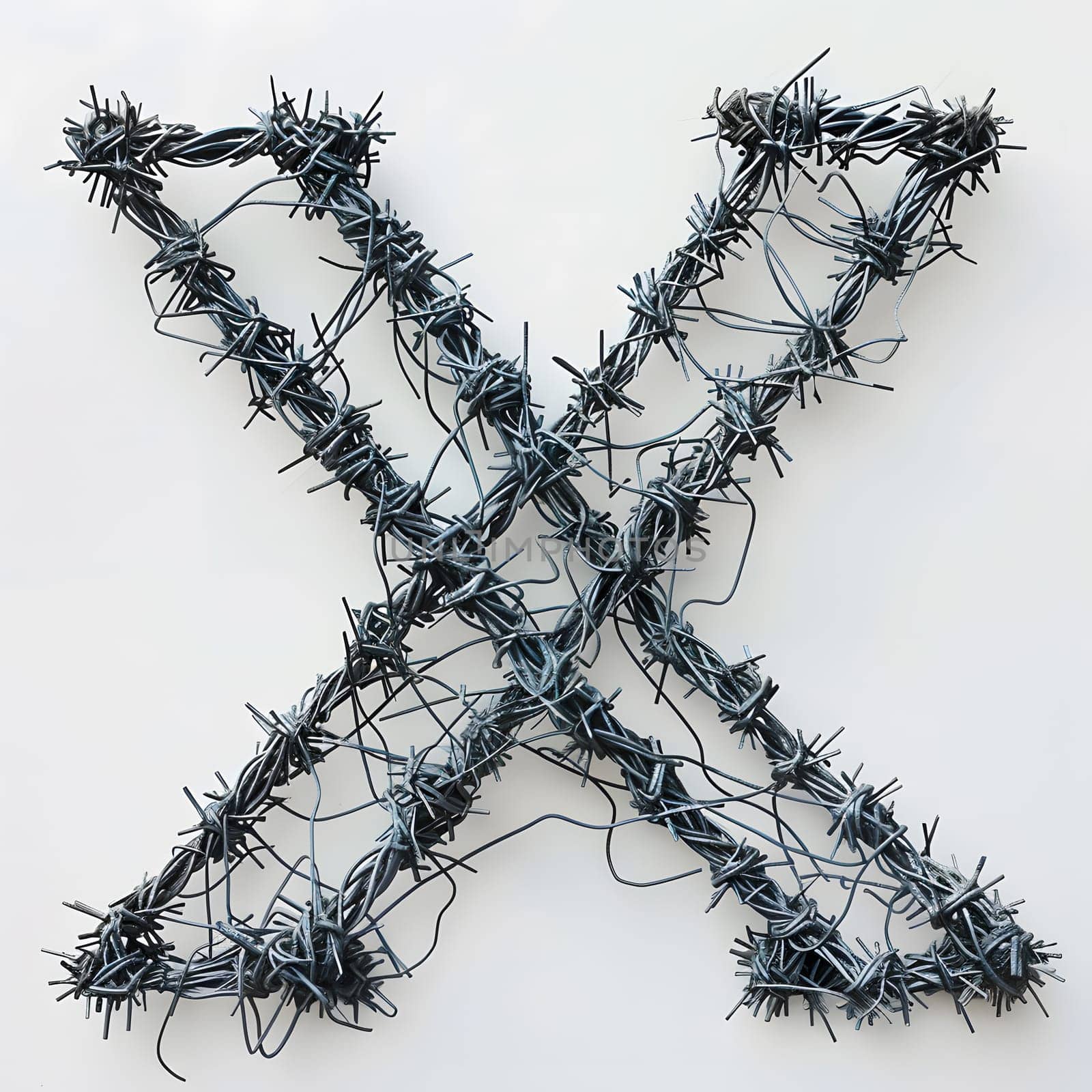 The symbol of letter x is represented as a cross made out of barbed wire, creating an intricate pattern resembling a twisted twig in an electric blue font, symbolizing strength and resilience in art