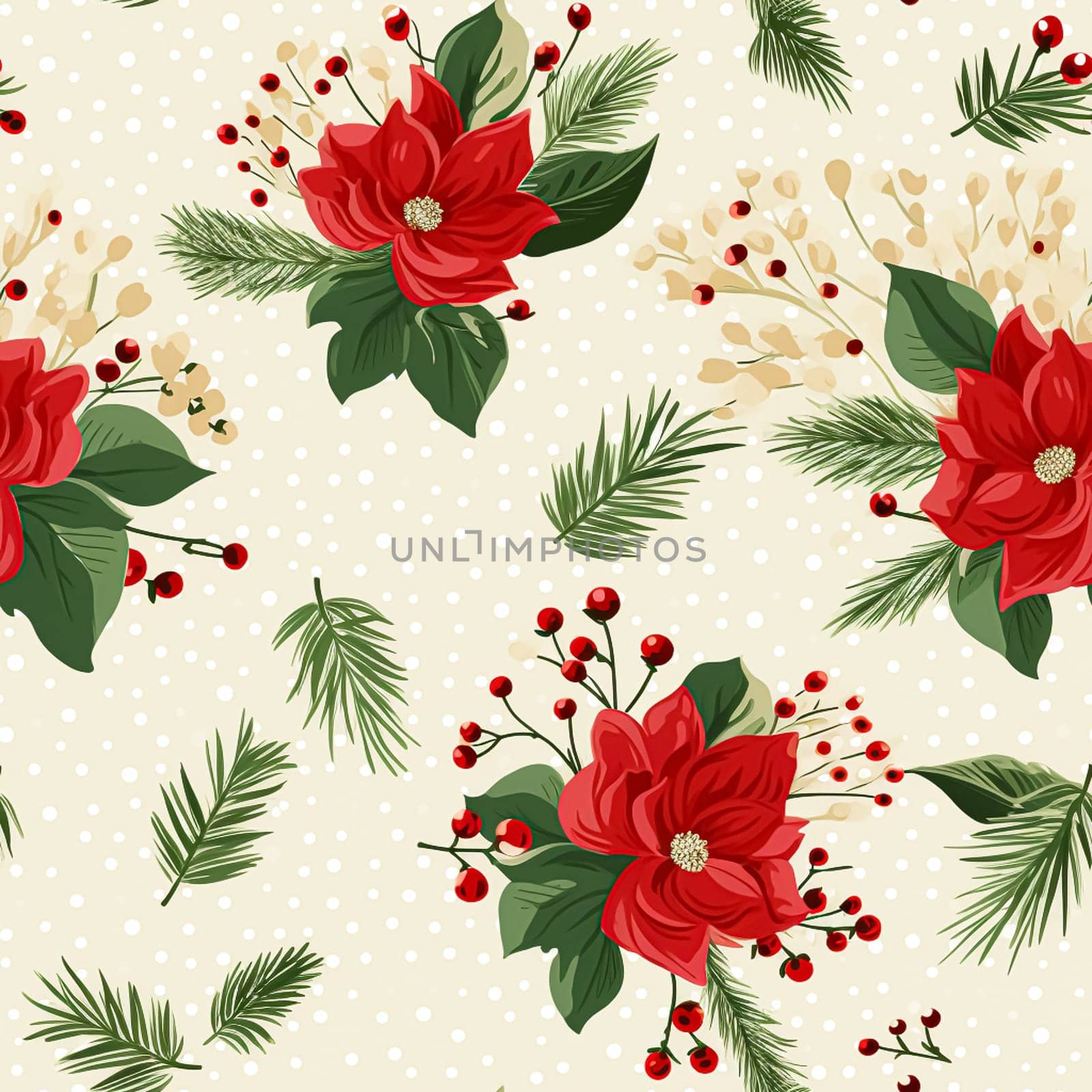 Seamless pattern, tileable Christmas holiday floral country dots print, English countryside flowers for wallpaper, wrapping paper, scrapbook, fabric and product design motif