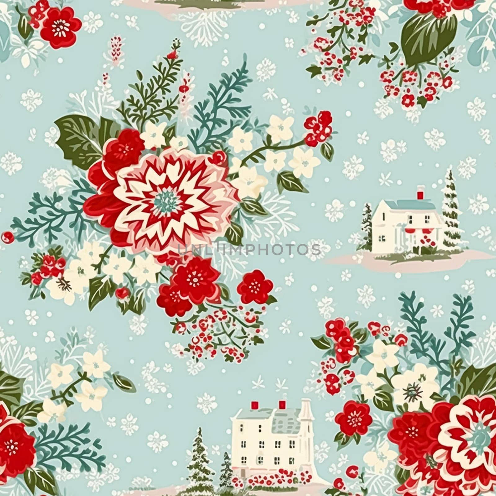 Seamless pattern, tileable Christmas holiday country house, floral dots print, English countryside for wallpaper, wrapping paper, scrapbook, fabric and product design motif