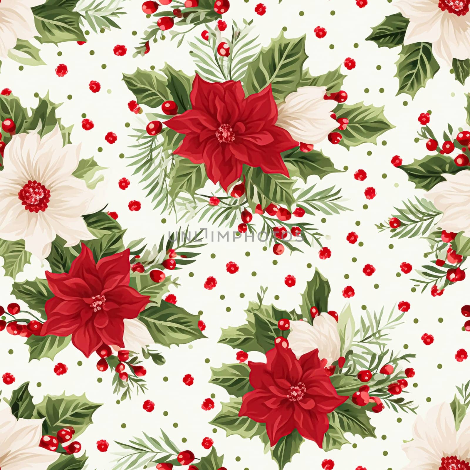 Seamless pattern, tileable Christmas holiday floral country dots print, English countryside flowers for wallpaper, wrapping paper, scrapbook, fabric and product design by Anneleven