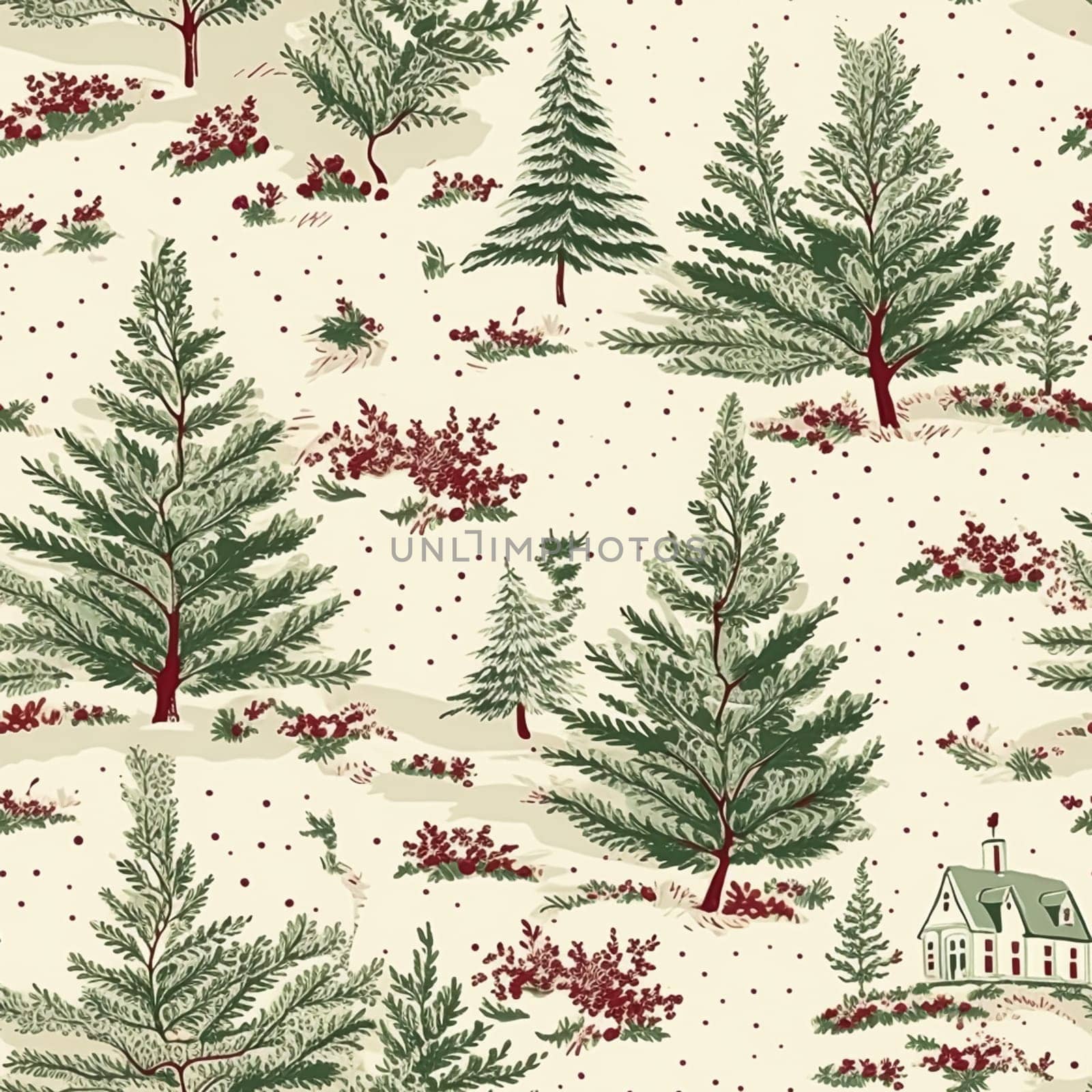 Seamless pattern, tileable holiday cottage in the forest country print, English countryside for wallpaper, wrapping paper, scrapbook, fabric and product design by Anneleven