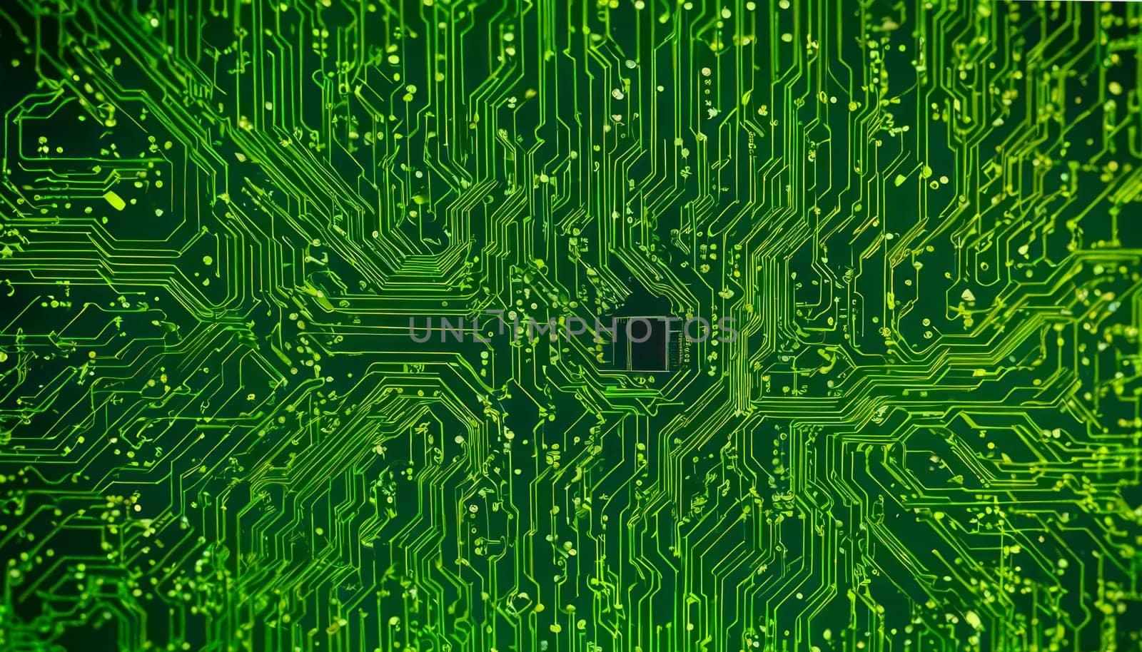 Electronic circuits and data transmission,in bright green. technological representations. Copy space by VeroDibe