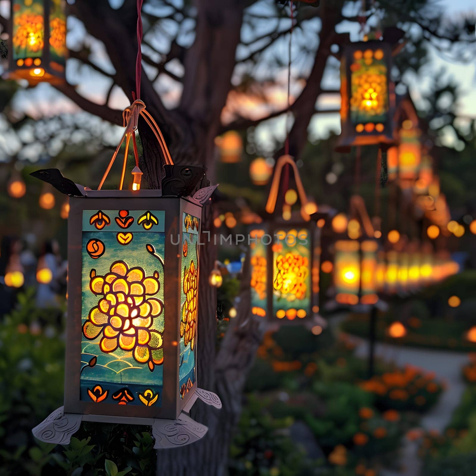 Lanterns illuminate tree branches, casting tints and shades on grass below by Nadtochiy