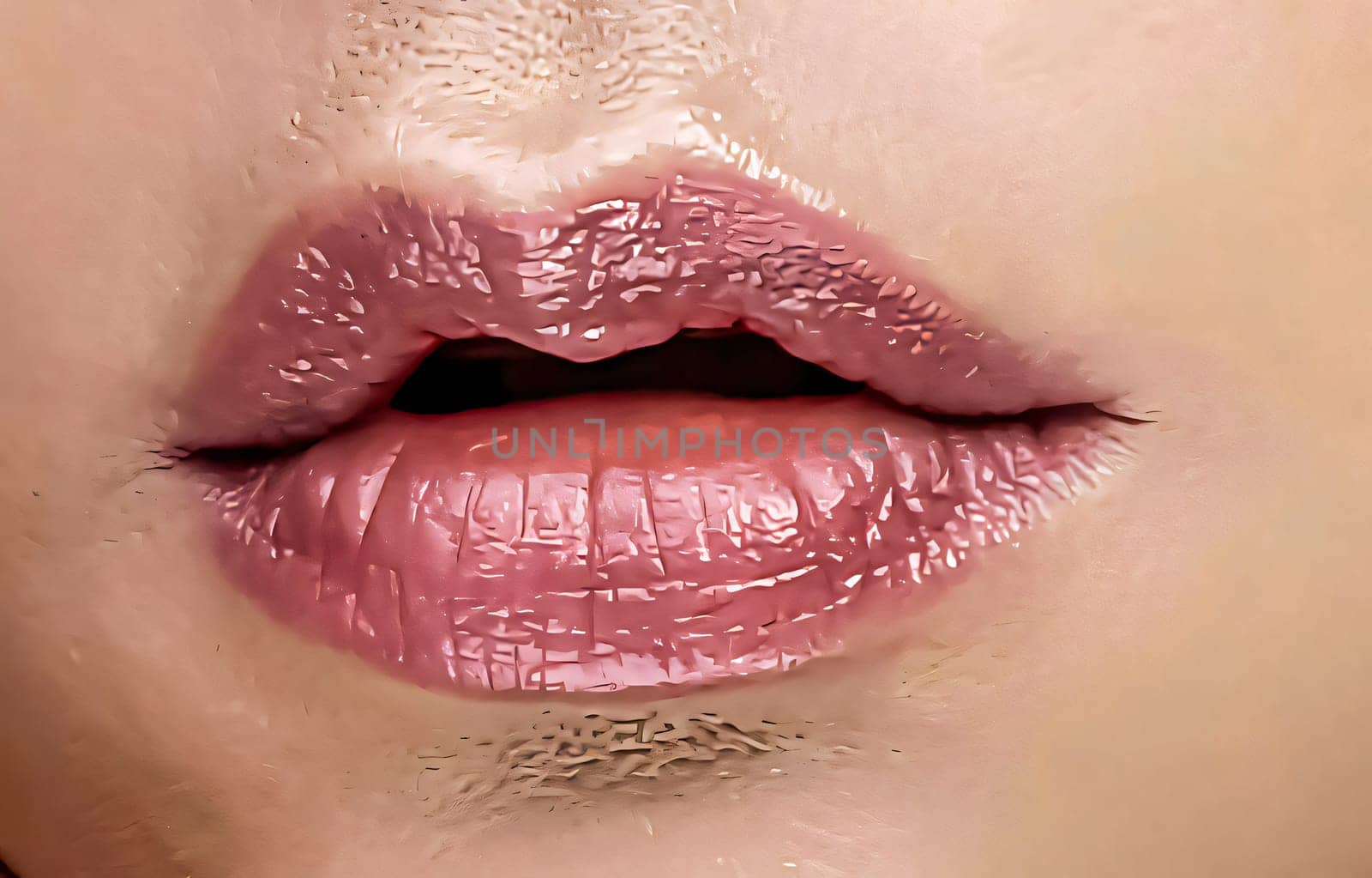 Sexy pink red woman lips close up, beautiful makeup, macro, beautiful pink red lip gloss, advertising, cosmetic, mouth slightly open, big lips for content creation